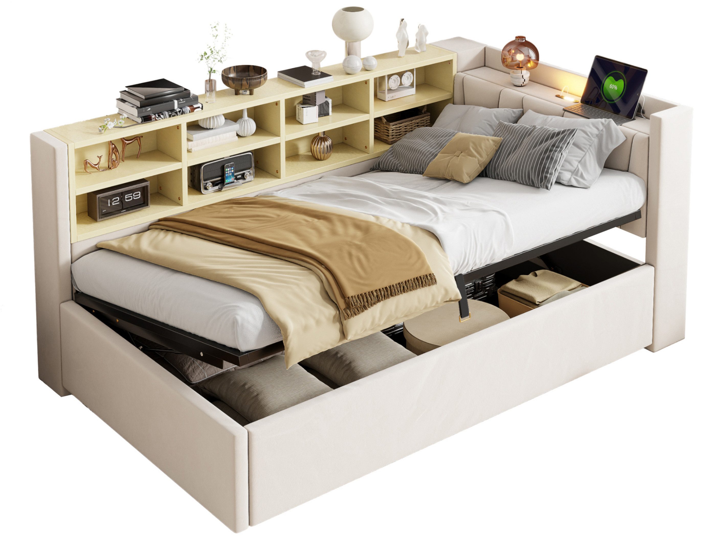 SeedWave Daybett Polsterbett mit Stauraum, Samt, USB/Type-C Anschlüssen, 90/140×200cm, Tagesbett mit hydraulischem Bettkasten, Nachtlicht