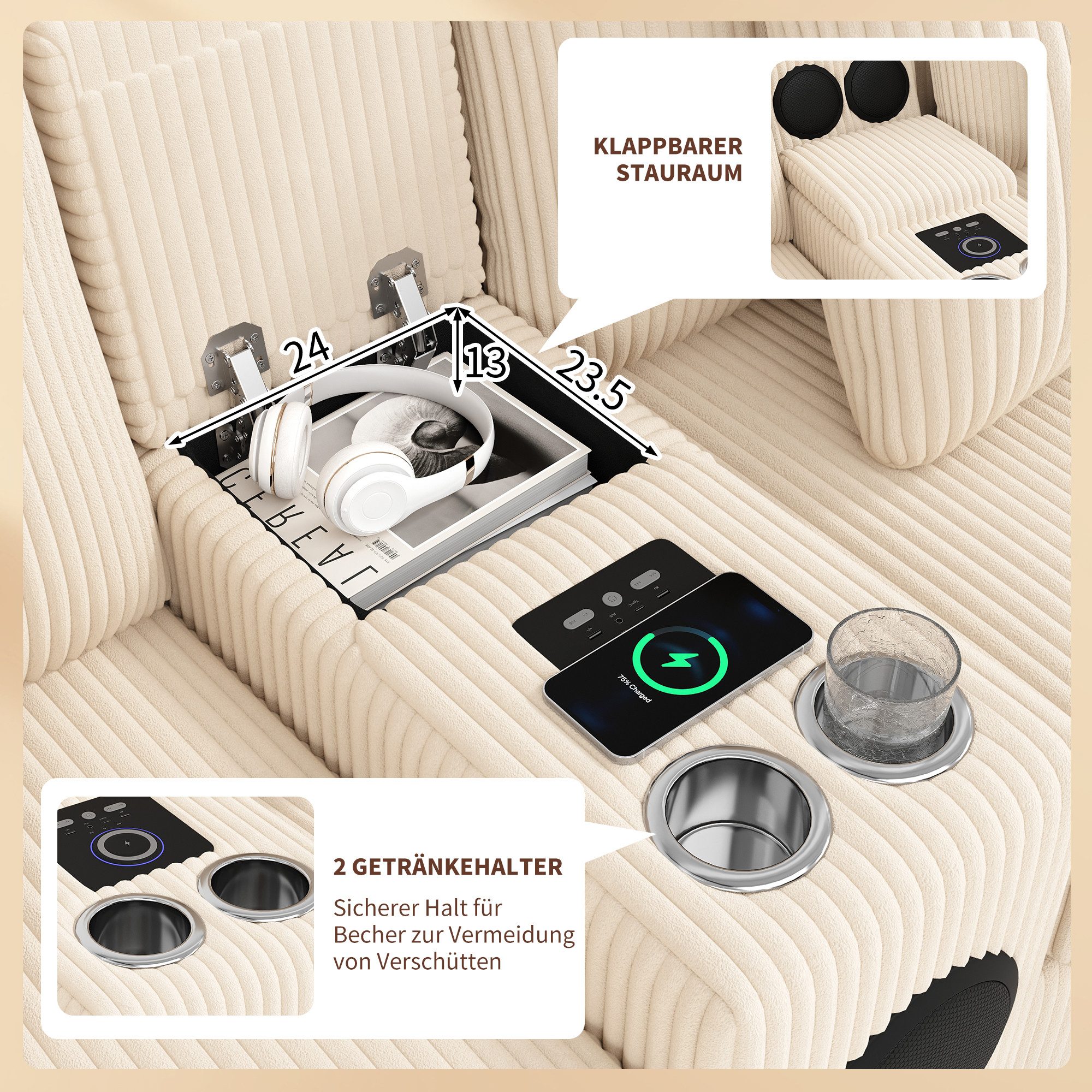 i@home 4-Sitzer U- und L-förmiges Sofa, mit Bluetooth-Lautsprecher,kabellosem Laden, USB, Getränkehaltern