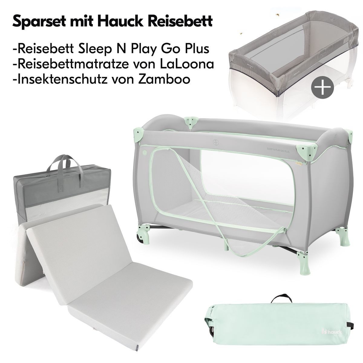 Hauck Baby-Reisebett Sleep N Play Go Plus Set - Dusty Mint, Baby Kinder Reisebett mit Eingang, Matratze, Insektenschutz & Rollen