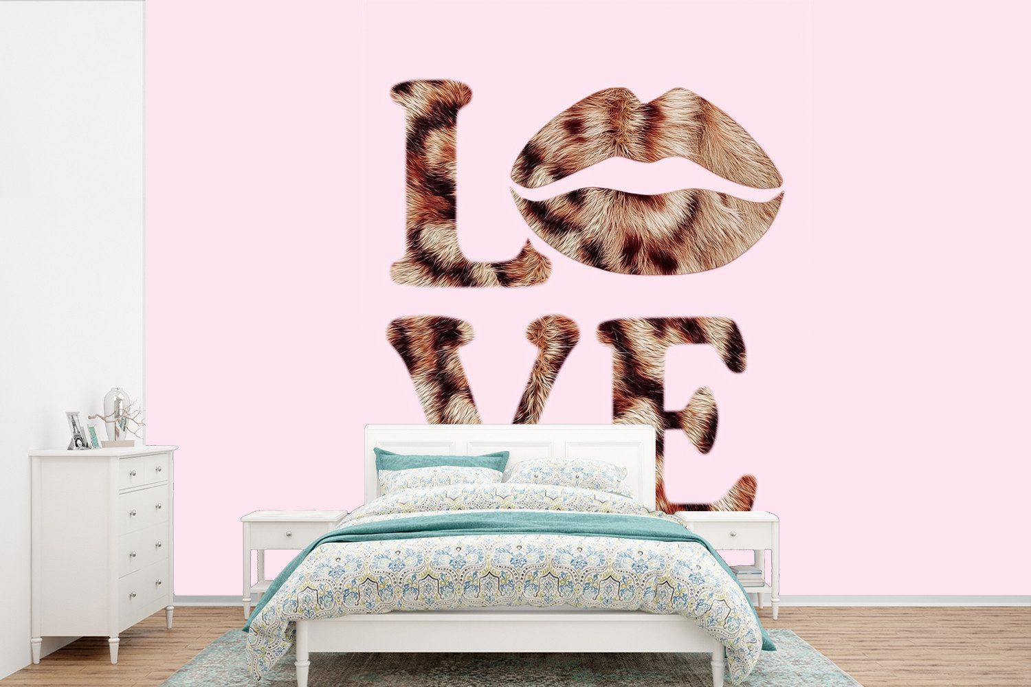 MuchoWow Fototapete Text - Liebe - Panthermantel - Hellrosa, Matt, bedruckt, Vinyl Tapete für Wohnzimmer oder Schlafzimmer, Wandtapete, 360x240 cm