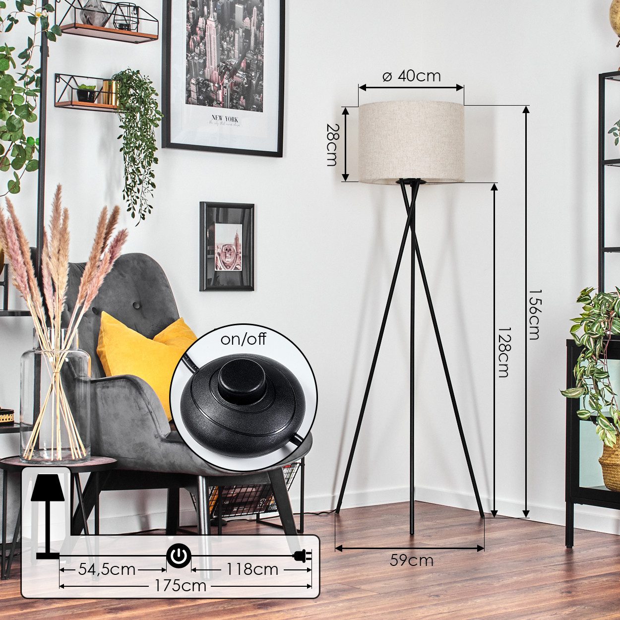 hofstein Stehlampe Stehlampe aus Metall/Stoff in Schwarz/Beige, ohne Leuchtmittel, Leuchte mit Schirm(40 cm), Höhe 156 cm, 1 x E27, ohne Leuchtmittel – Bild 4 von 5