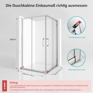 Boromal Dusch-Doppelschiebetür Duschkabine mit Schiebetüren 80x100 100x80 Eckdusche mit Rollensystem, 80x185 cm, Glas, Montage auf Duschtasse sowie ebenerdig möglich.