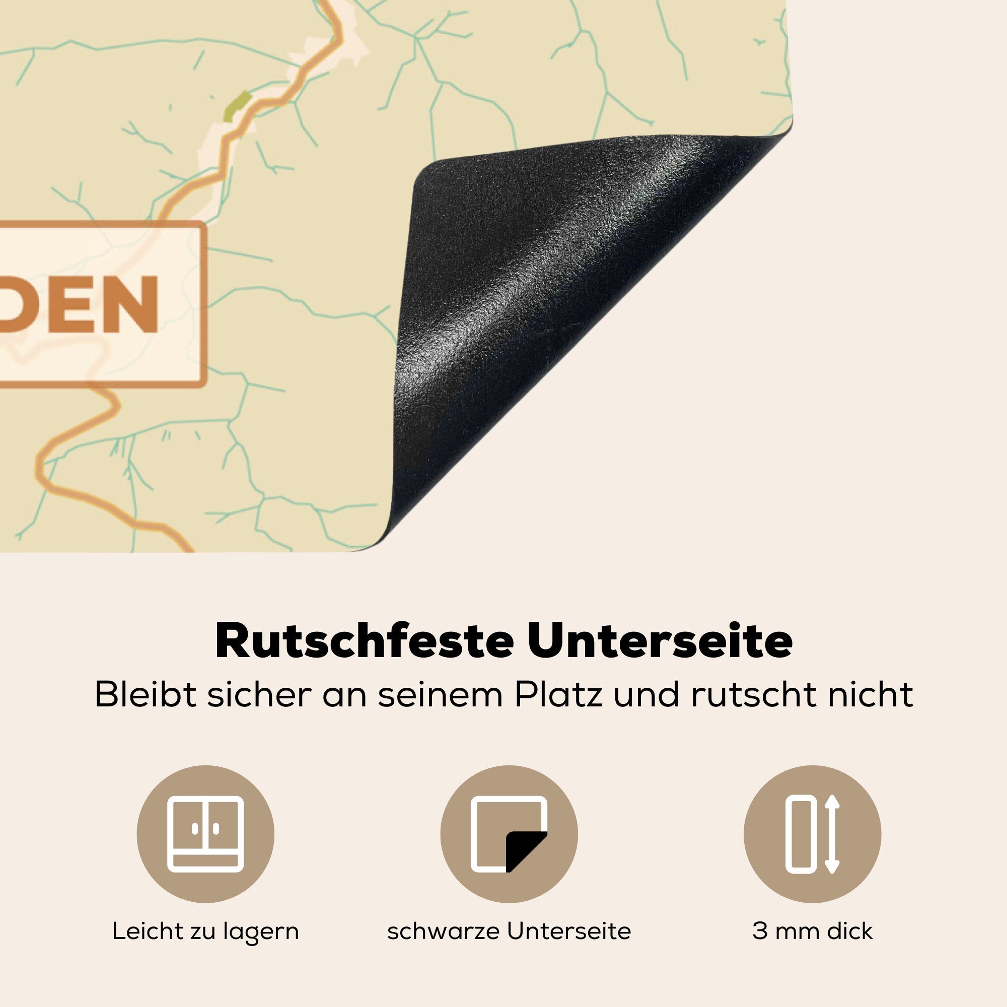 MuchoWow Herdblende-/Abdeckplatte Karte - Vinyl, Ceranfeldabdeckung, Arbeitsplatte 78x78 für (1 Vintage Stadtplan, - küche Baden-Baden tlg), - cm