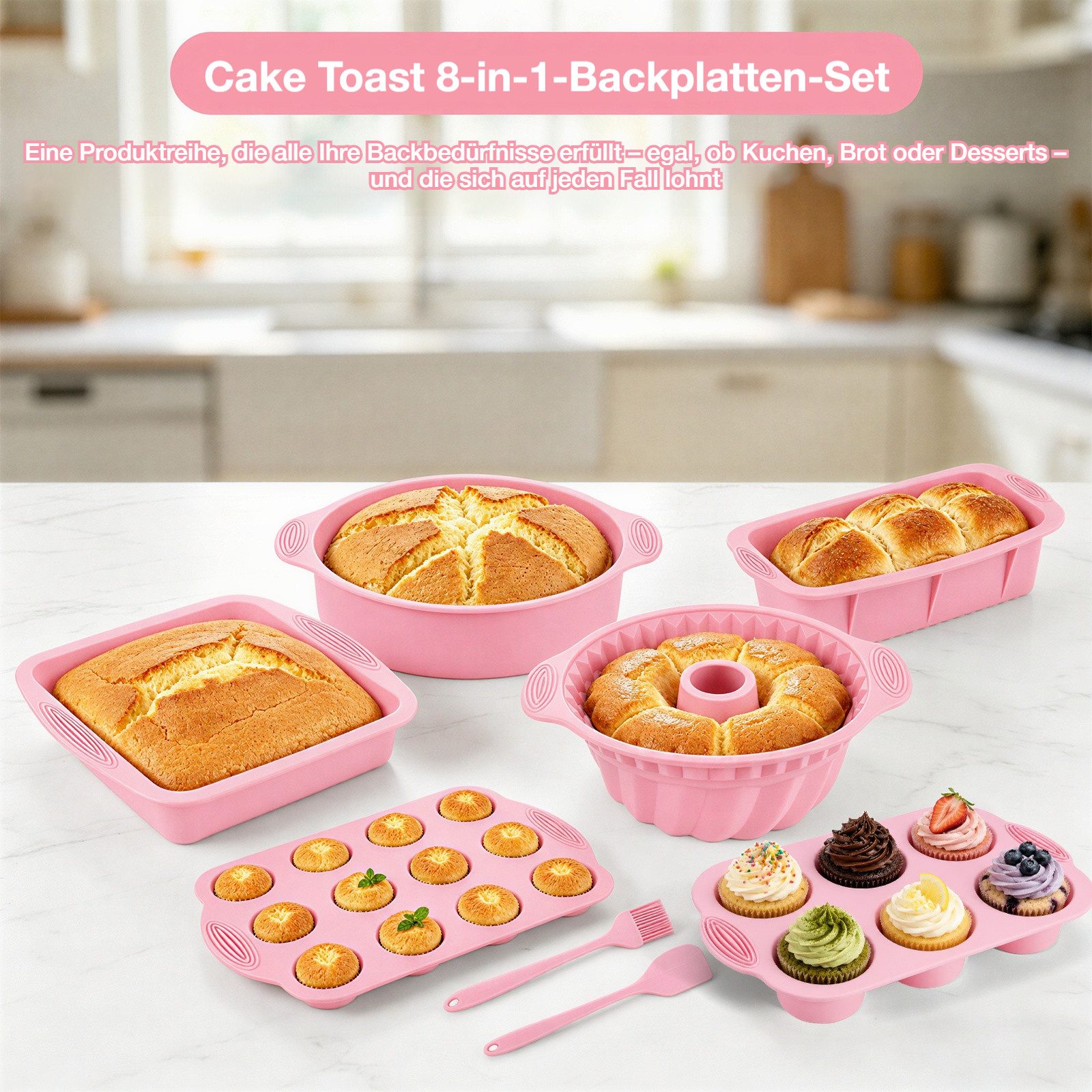 BlingBin Backform 8 Stück Silikon Backformen Set, Kuchenform Muffinform für Backen, (8er Set 8-tlg), Antihaft Springform mit Backpinsel Silikonspatel für Muffin Kuchen