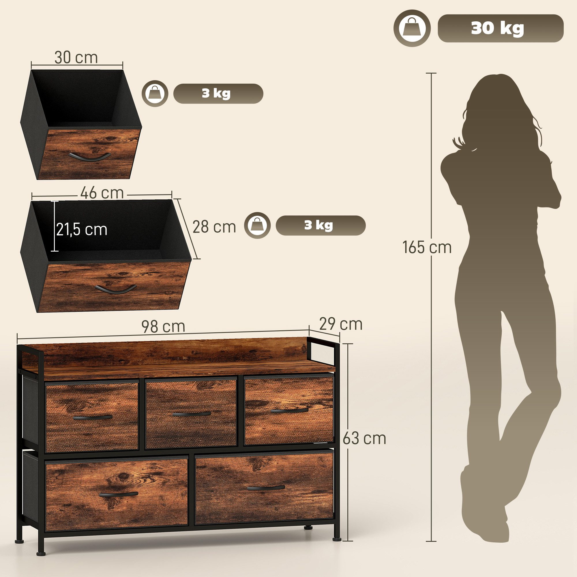 HOMCOM Kommode Aufbewahrungsschrank mit Griffen, Stahlrahmen (Schubladenschrank, 1 St., Kommodenschrank), für Schlafzimmer, Wohnzimmer, Rustikal-Braun