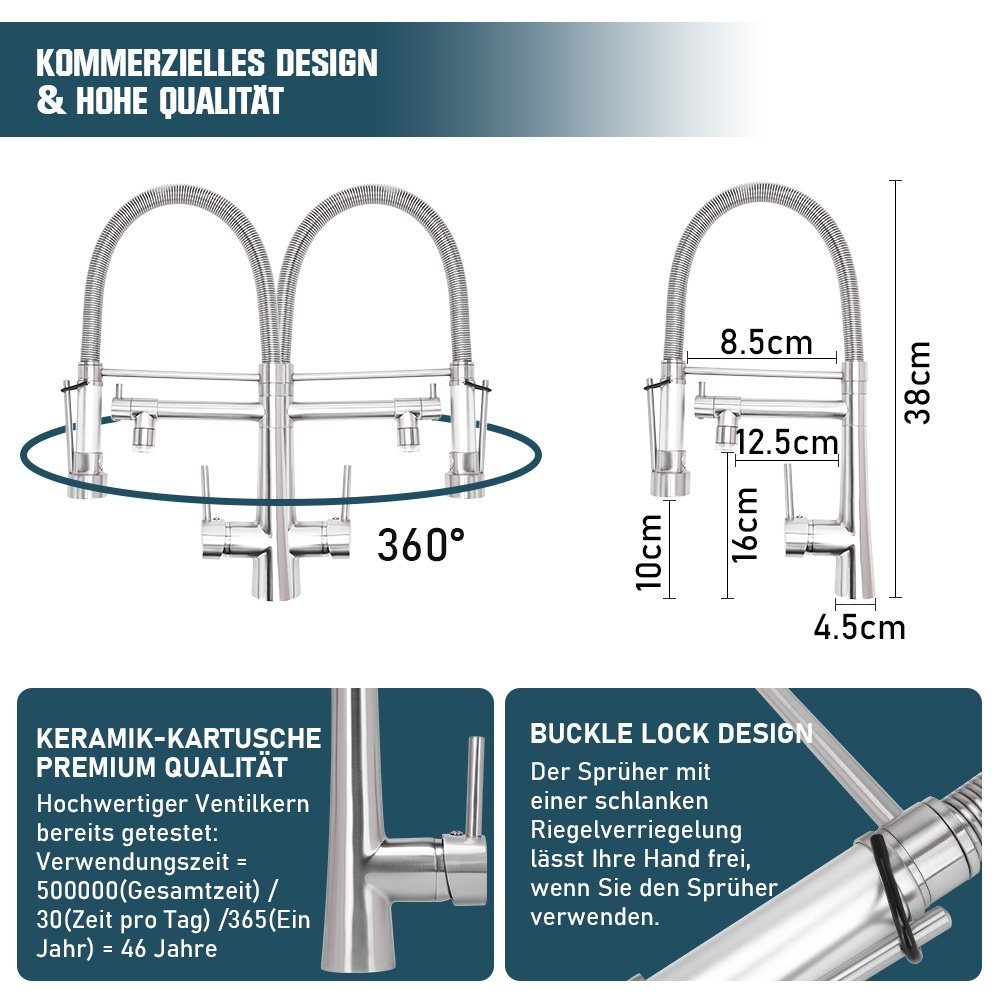 XERSEK Küchenarmatur Hochdruck Spültischarmatur, Silber Schwarz) (Ausziehbar Mischbatterien Anschluss-Schläuche Küchenspüle Küche LED) (mit Wasserhahn 60 Küchenarmatur mit cm Flexible Brause Spiralfederarmatur : Armatur