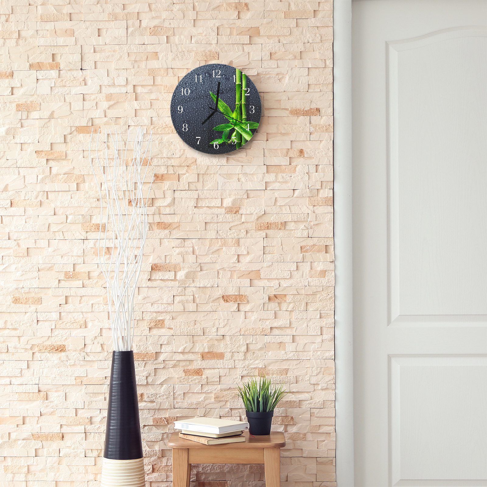 Rund Wanduhr - aus 30 mit Quarzuhrwerk cm Wanduhr Durchmesser Motiv und auf Primedeco Bambus Glas schwarz mit