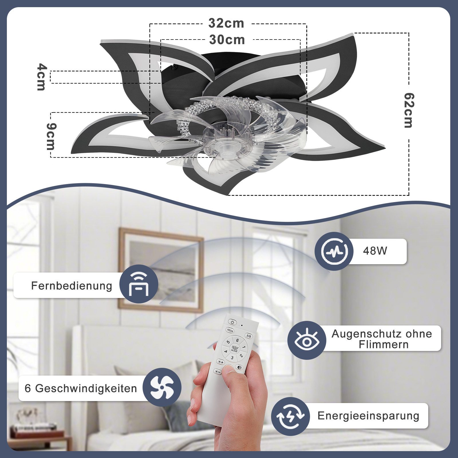 Nettlife Deckenventilator Licht und Fernbedienung Schwarz/Weiß 48/71W 3 Farbtemperatur 6-Gang, Leise Ventilator für Wohnzimmer Esszimmer Schlafzimmer