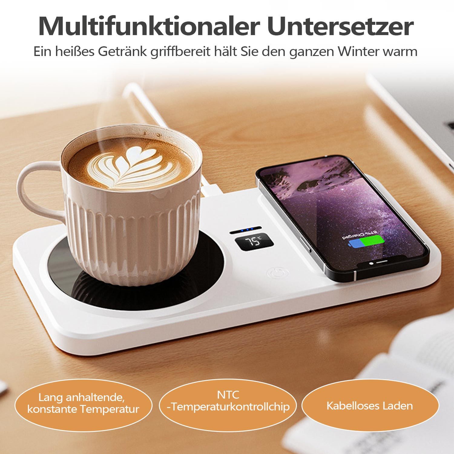 Refttenw Tassenwärmer Intelligenter 2-in-1-Becherwärmer,Untersetzer mit Temperaturregelung, Mit kabellosem Laden und automatischer Abschaltung.