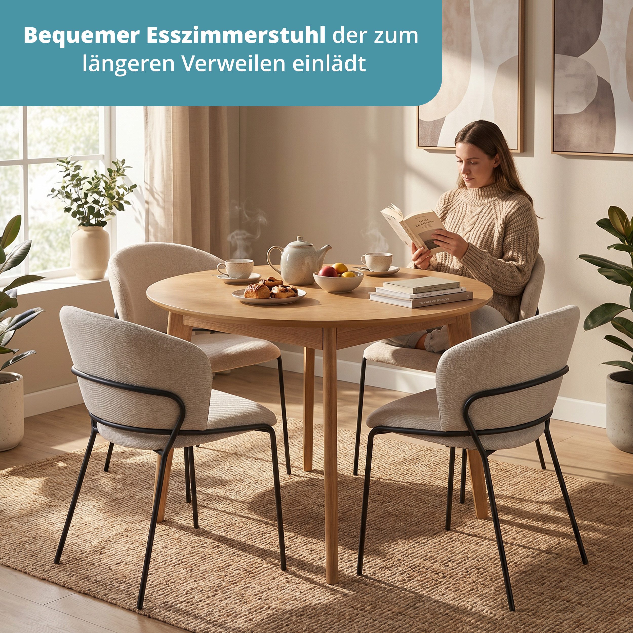 KHG Esszimmerstuhl Küchenstuhl Beige, bis 120 kg belastbar, Industrial Look (Indoor-Stuhl Mikrofaser), breite geschwungene Rückenlehne, gepolstert