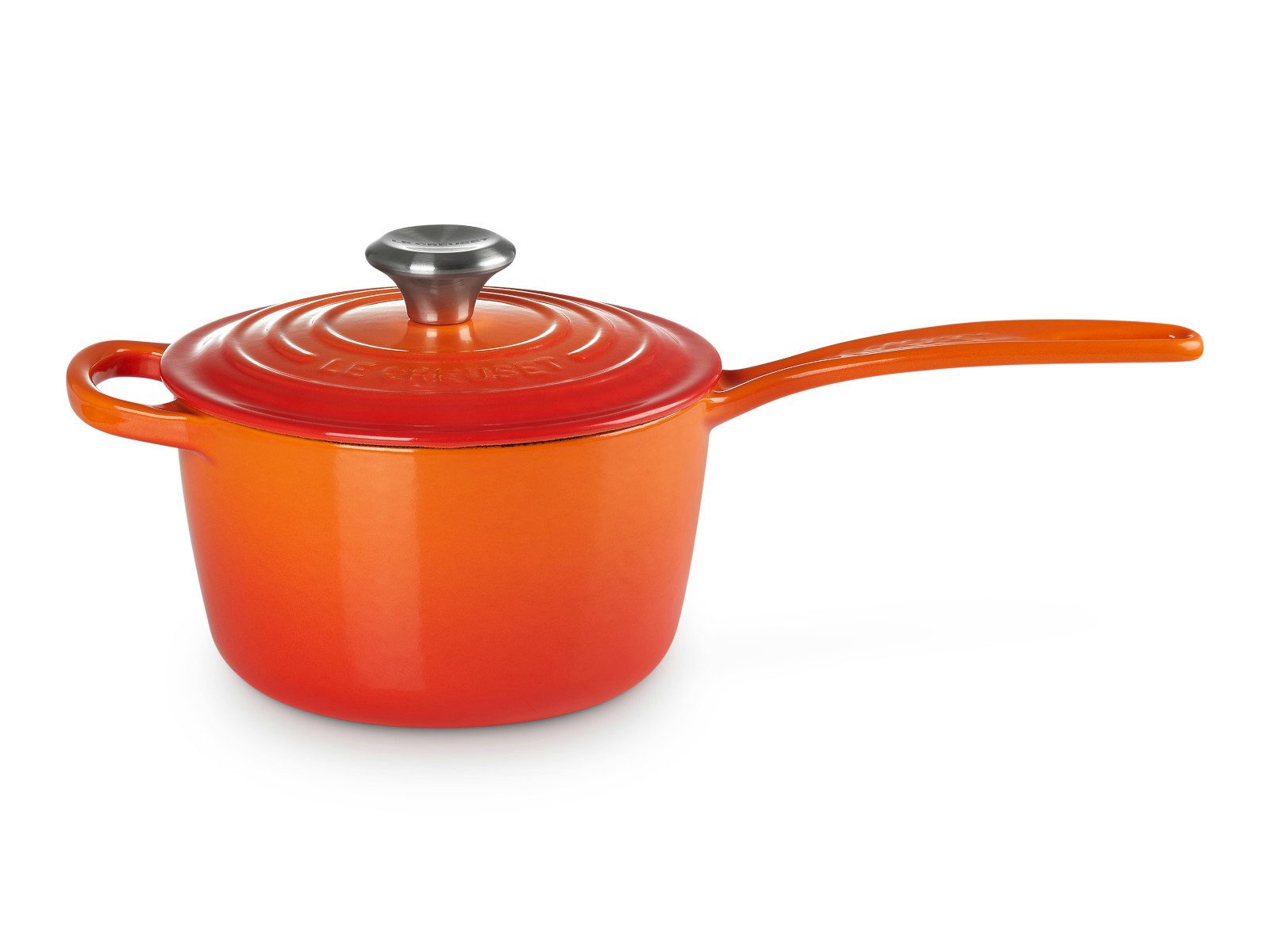 LE CREUSET Serviertopf Stielkasserolle Signature rund ofenrot 16cm, Emailliertes Gusseisen