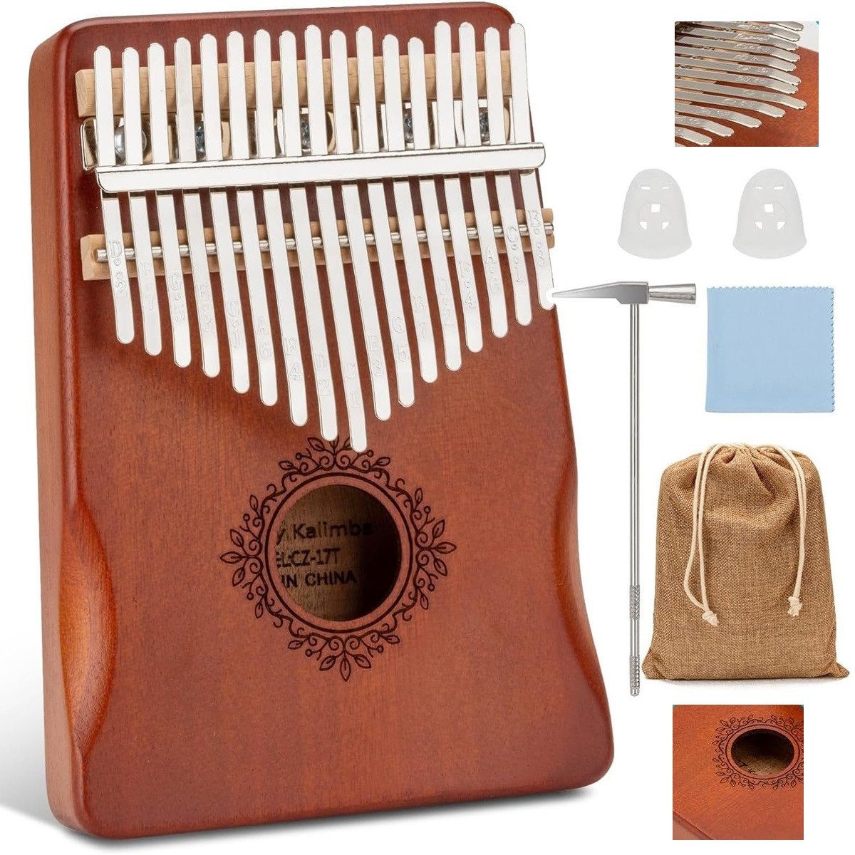 Schlagzeug 17 Schlüssel Kalimba, Daumenklavier inkl Stimmhammer & Lernwerkzeuge