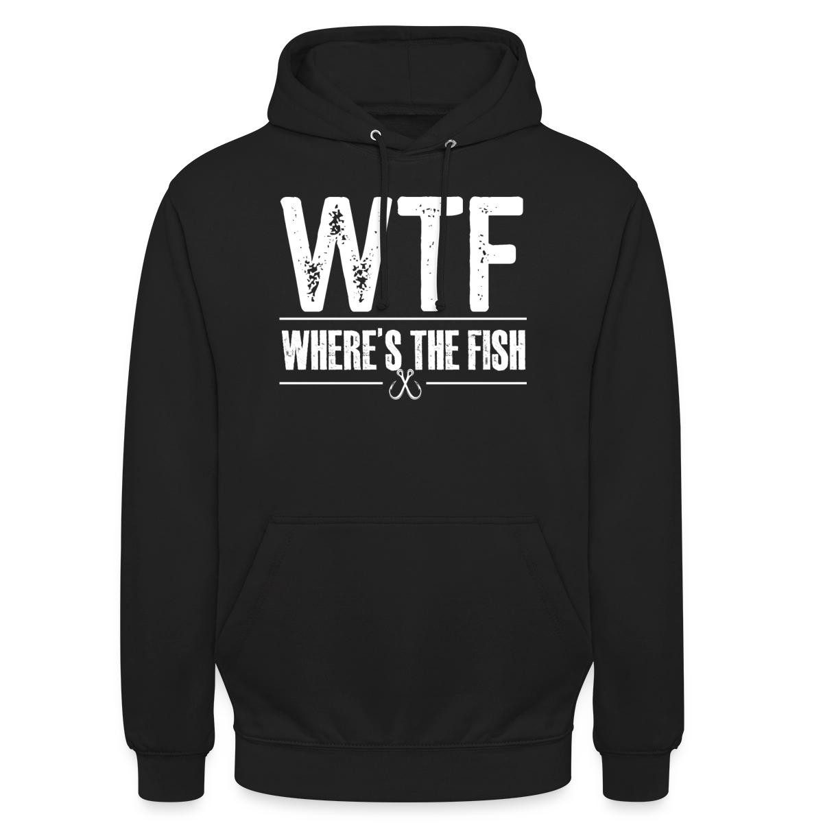 Spreadshirt Hoodie WTF, Where´s The Fish Angler Unisex Hoodie (1-tlg) Unisex-Schnitt: Sitzt bei Männern körpernah, bei Frauen weit