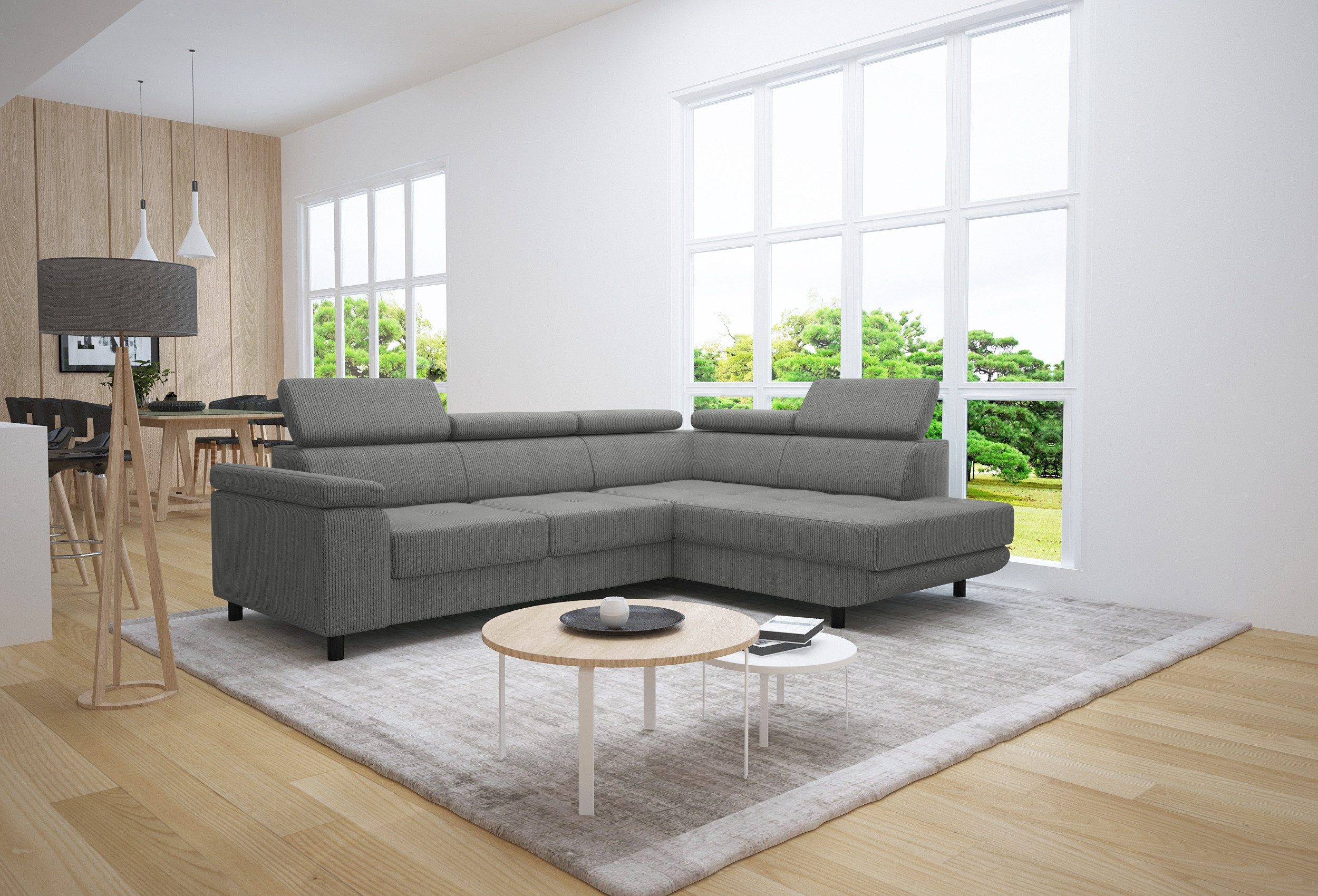 thematys Ecksofa LUNA L mit Schlaffunktion & Bettkasten – aus Velours oder Cord Stoff, mit 5 verstellbaren Kopfstützen, – L-Form 250×183 cm – Schlafsofa mit Auszug