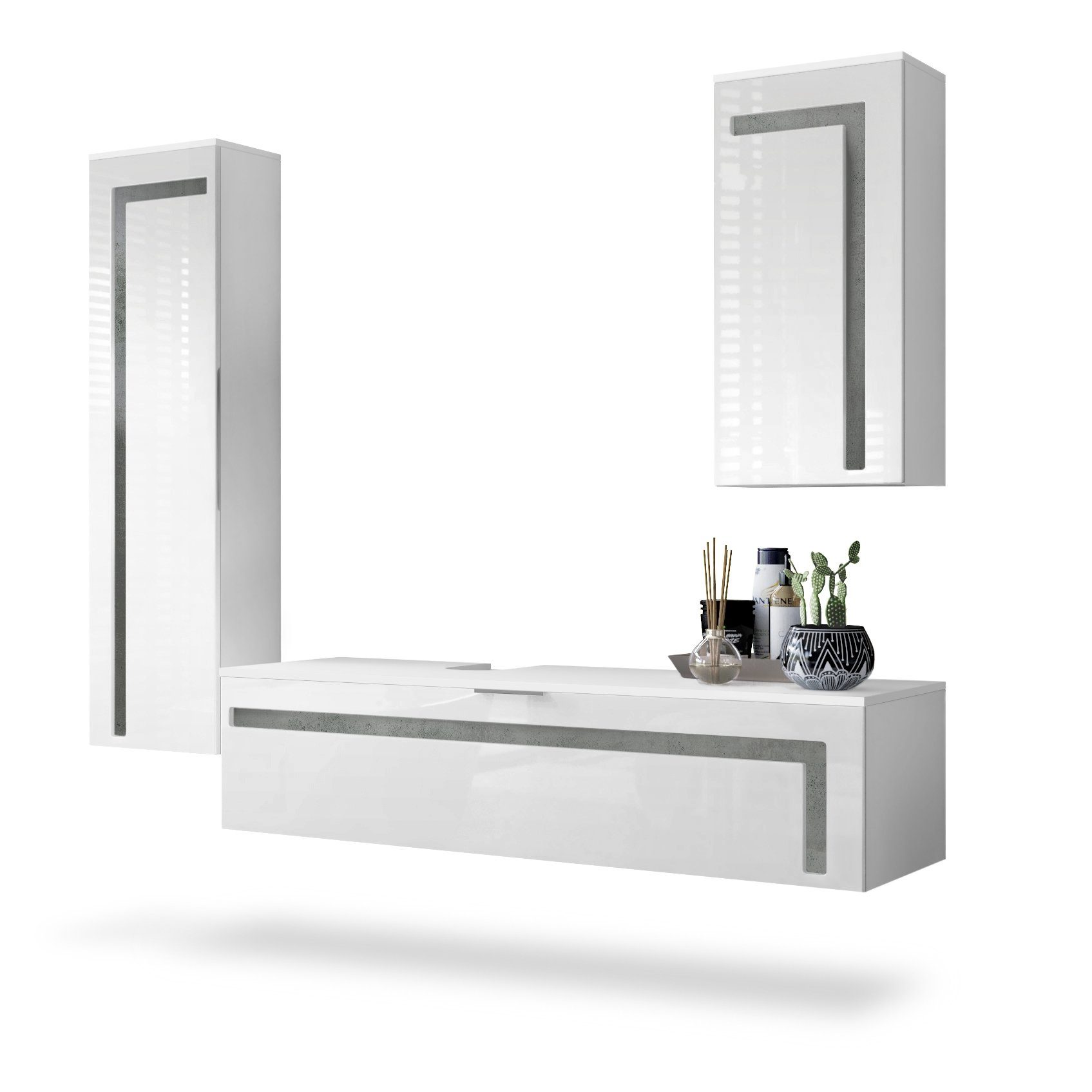 Vladon Badmöbel-Set Aloha, (Badezimmer-Set, mit 2 Hochschränken und 1 Unterschrank), Weiß matt&glänzend, Absetzungen in Beton Dunkel Optik (210x51x185 cm)
