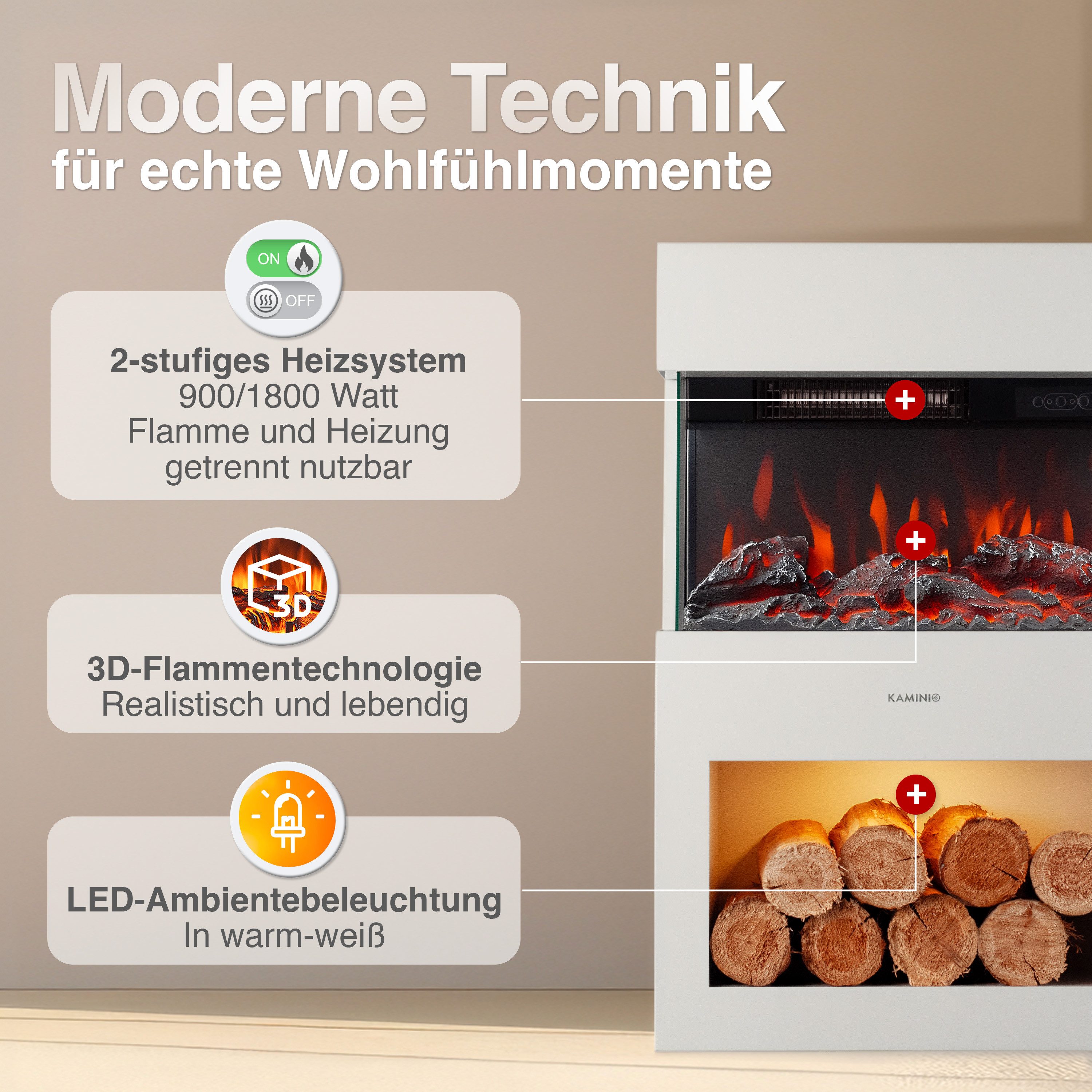 KAMINIO Elektrokamin HENRI, Elektrischer Kamin mit 3D-Flammeneffekt, Heizung 1800W