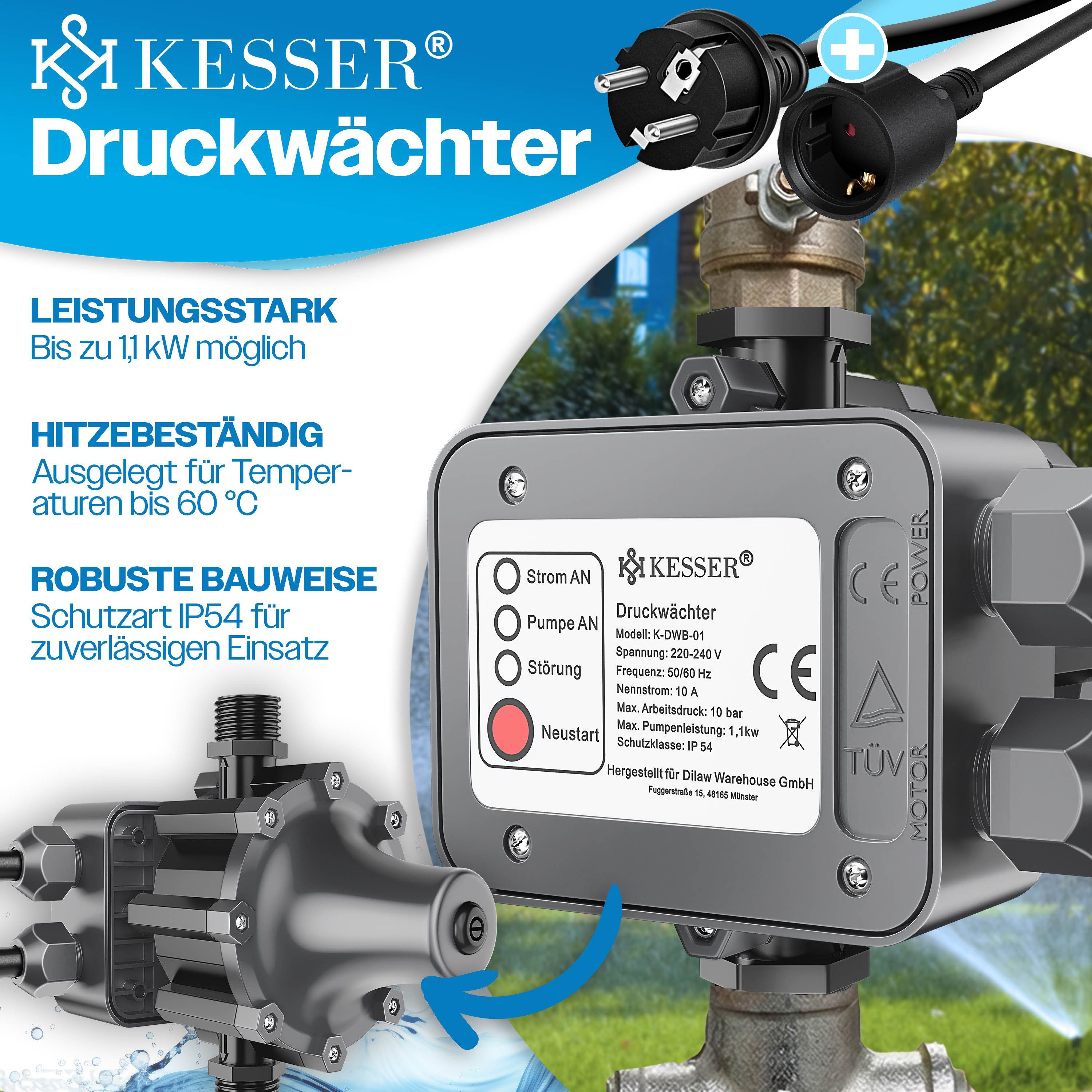 KESSER Wasserpumpe, Druckschalter Druckwächter Pumpensteuerung Gartenbewässerung