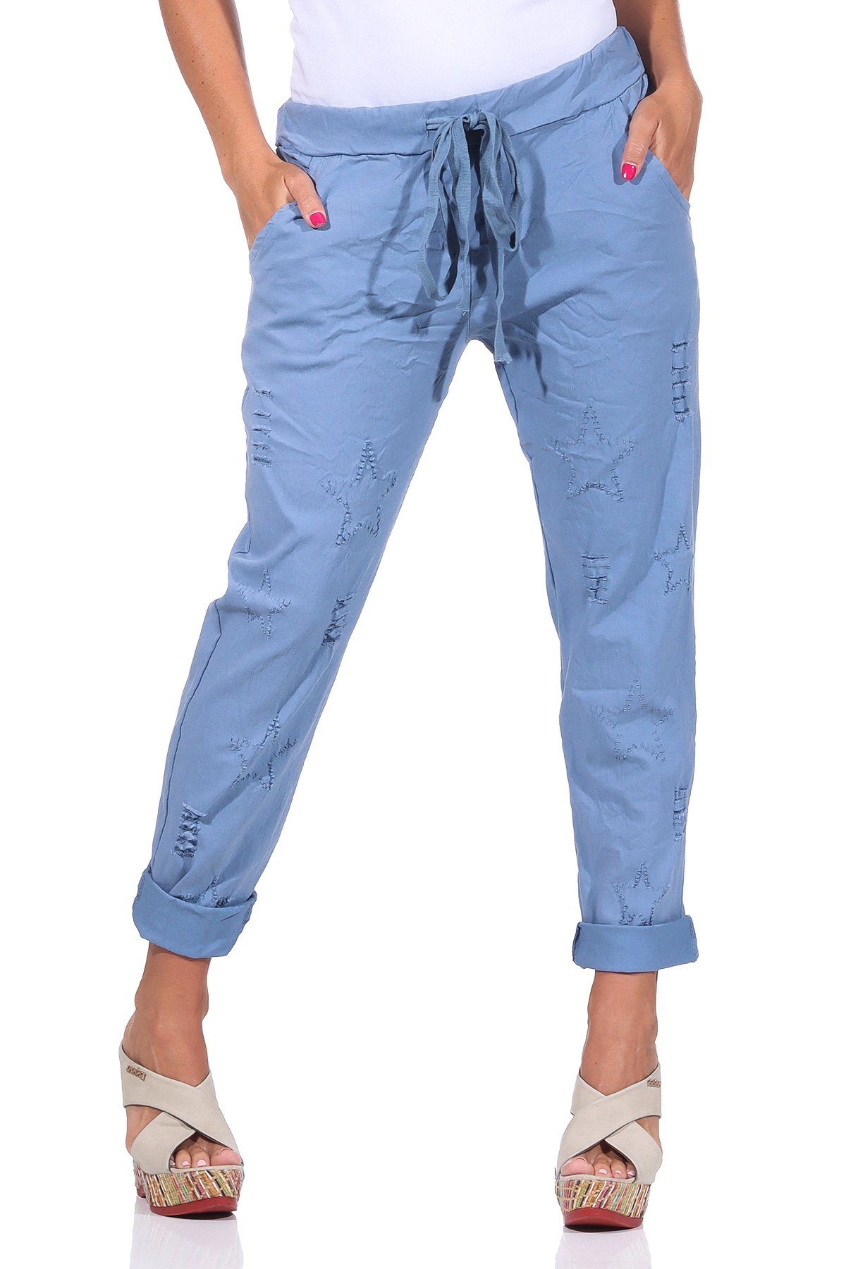 Mississhop Chinohose Damen Hose Freizeithose zerrissen Risse Sterne M.350 Jeansblau