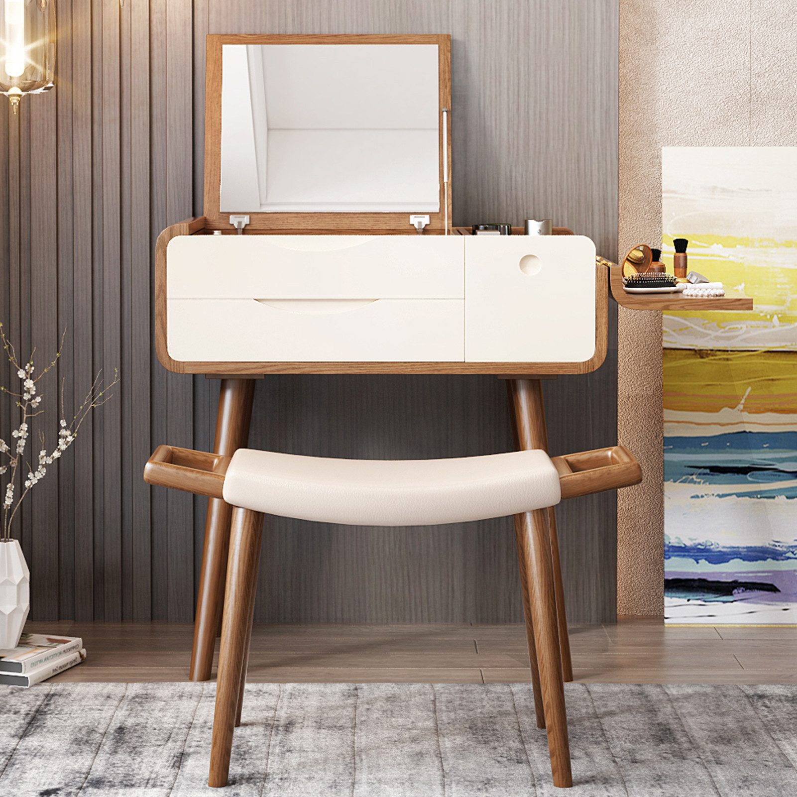 Graceabode Schminktisch mit Spiegel – Make-up-Tisch mit verstecktem Aufbewahrungsfach (mit Hocker), Aufklappbarer Schminkspiegel, praktisch fürs Schlafenzimmer