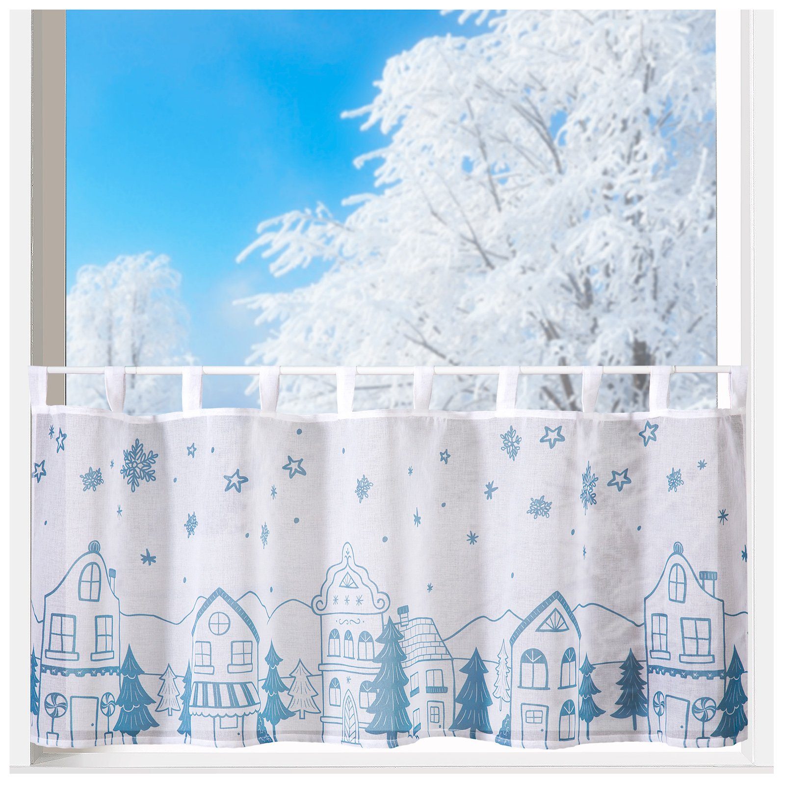 St), Deko Weihnachten Scheibengardine Typ844, blau Fensterdekoration Schlaufen halbtransparent Gardine (1 heimtexland,