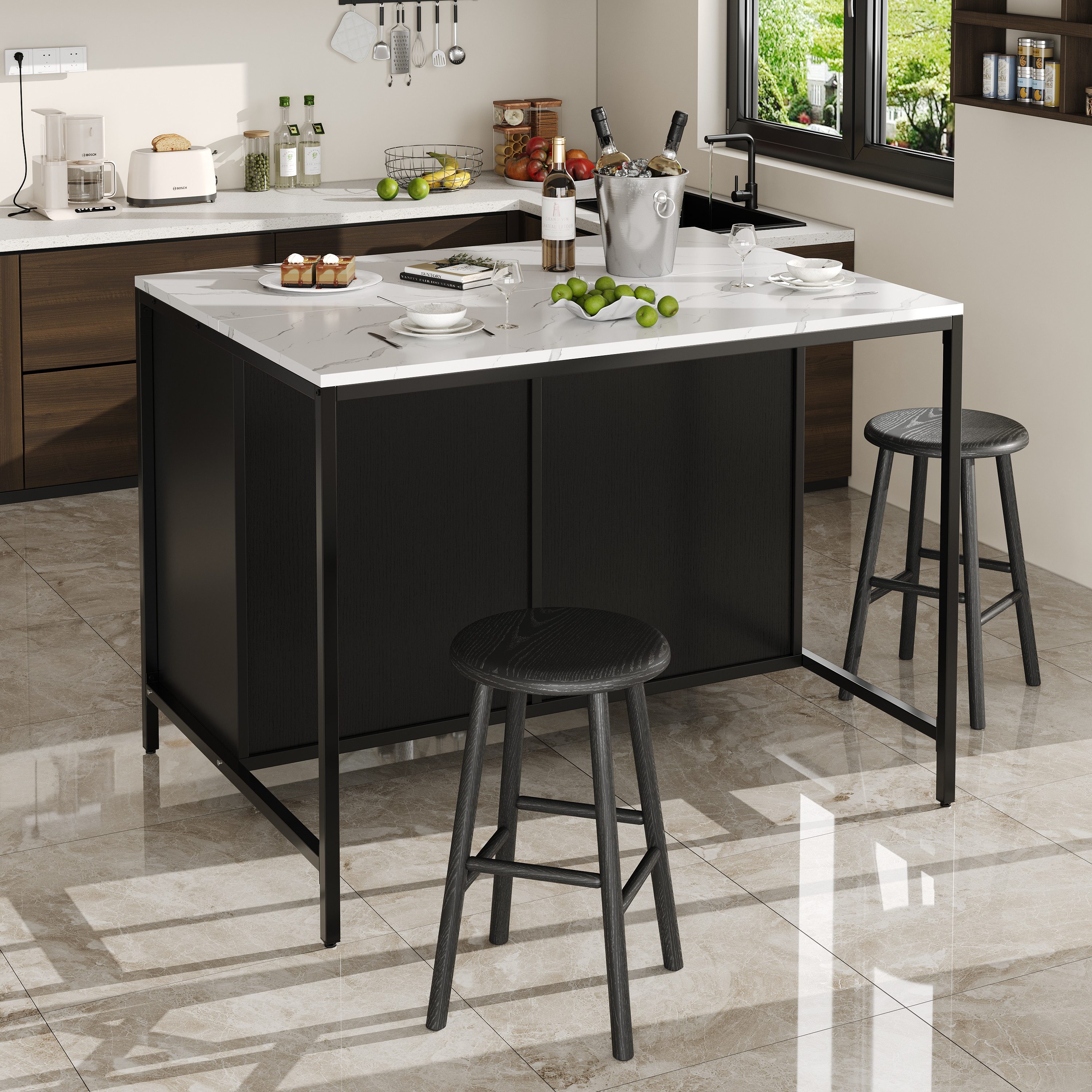 Odikalo Kücheninsel mit Arbeitsplatte Essschrank Küchenschrank, Marmor, (Schwarzer Stehtisch, Küchenarbeitsplatte, einfach und modern, Kaffeebartisch, geeignet für Wohnzimmer, Esszimmer, Tischplatte mit Marmorstruktur, verstellbare Füße)