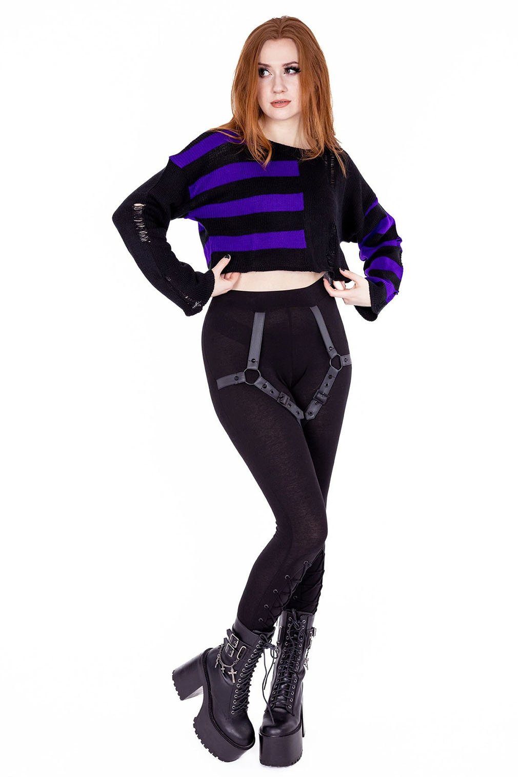 Vixxsin Strickpullover Violetta Lila Strick Pulli Emo Punk Nu Goth Gestreift