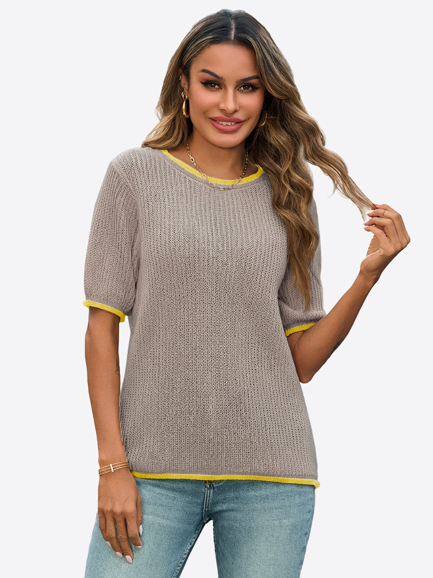 Imily Bela Kurzarmpullover Damen Kurzarm Strickpullover mit Puffärmeln Rundhals Sommer (Packung, 1-tlg., 1per-Pack) mit Kontrastborten gehäkelt