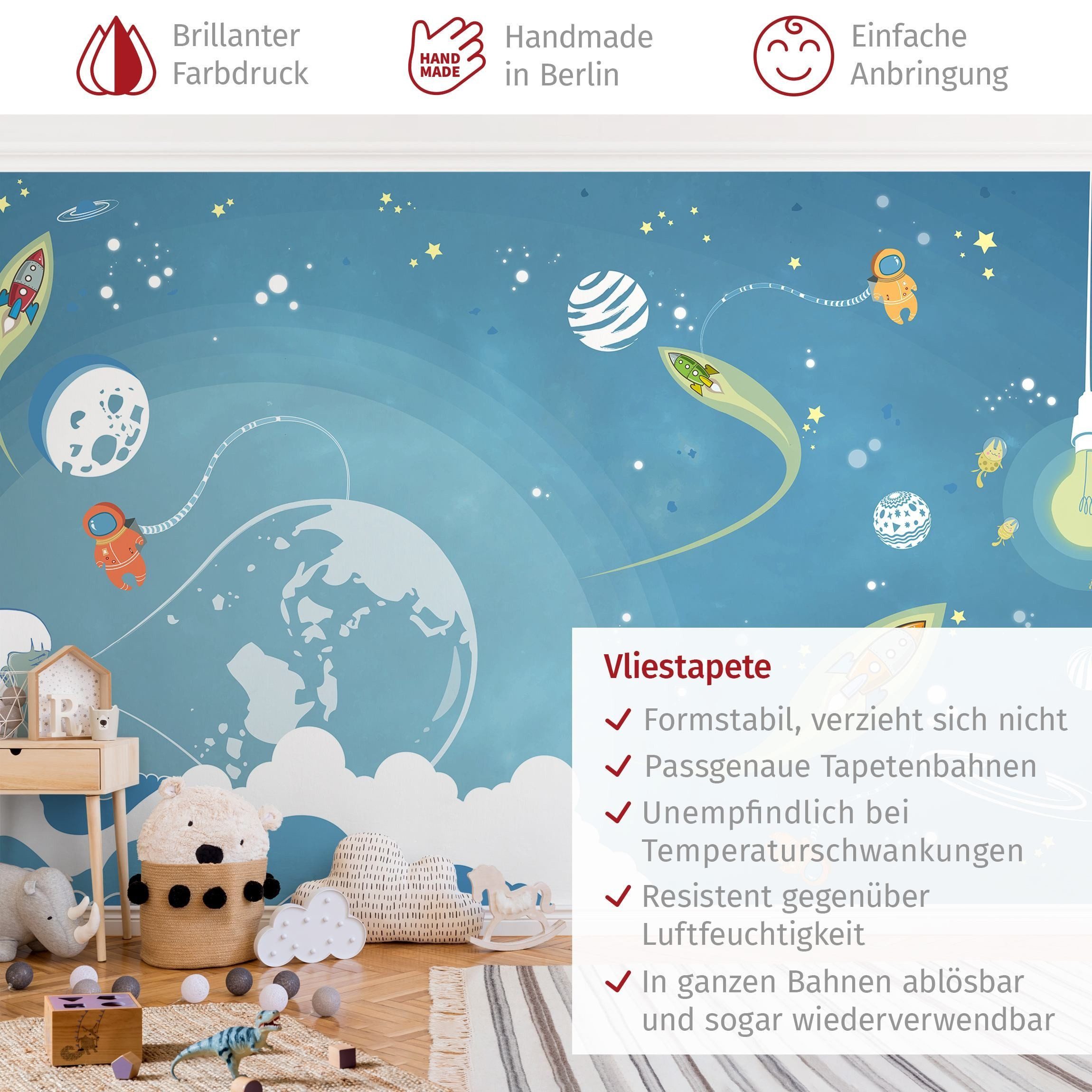 Bilderdepot24 Kindertapete Kinderzimmer Buntes Weltraumtreiben Kinder Wanddeko Weltall Rakete, Glatt, Matt, (Vliestapete inkl. Kleister oder selbstklebend), Mädchenzimmer Jungenzimmer Babyzimmer Bildtapete Fototapete Wandtapete