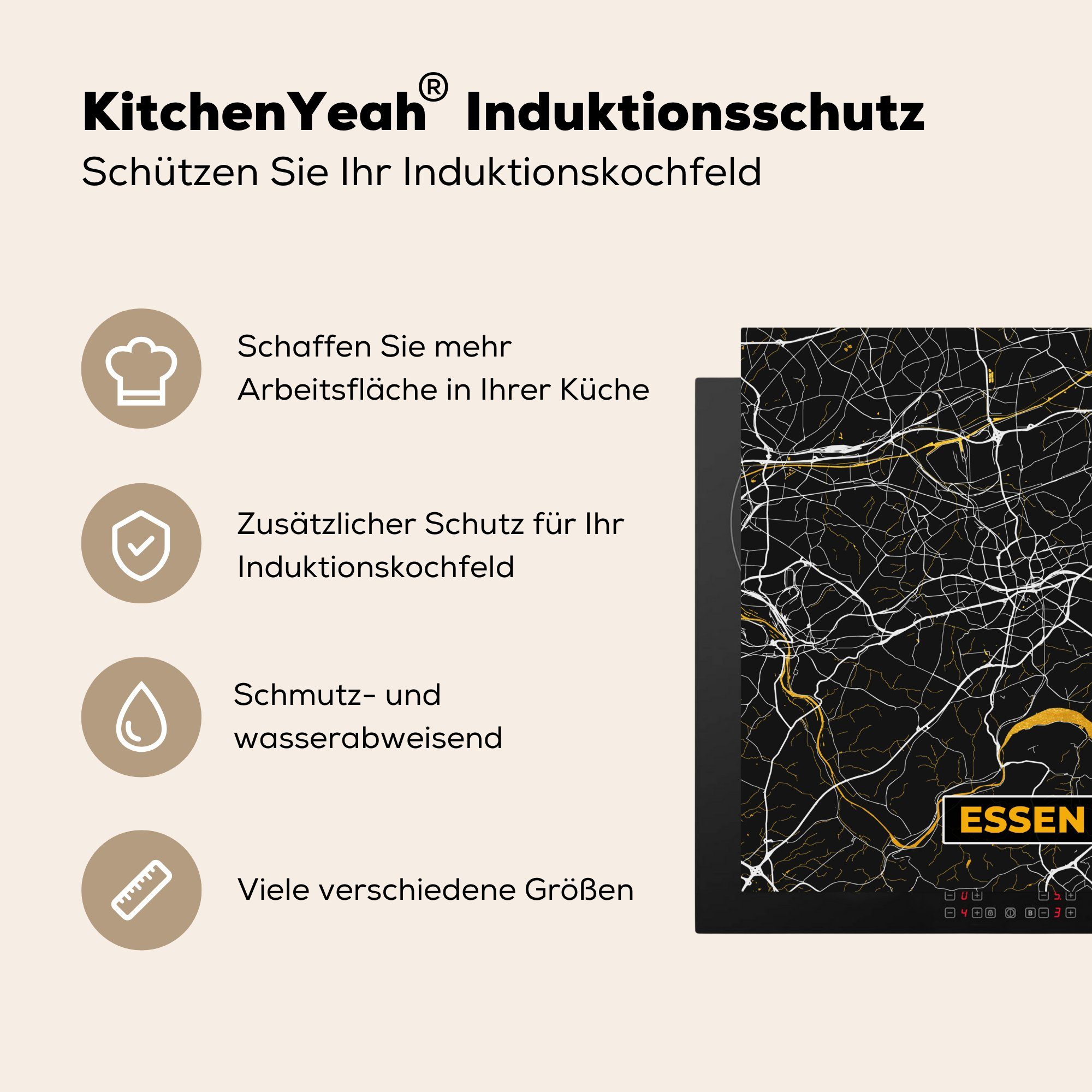 MuchoWow Herdblende-/Abdeckplatte Essen - 78x78 - - Gold - für Arbeitsplatte küche tlg), (1 cm, Ceranfeldabdeckung, Vinyl, Deutschland, Stadtplan Karte