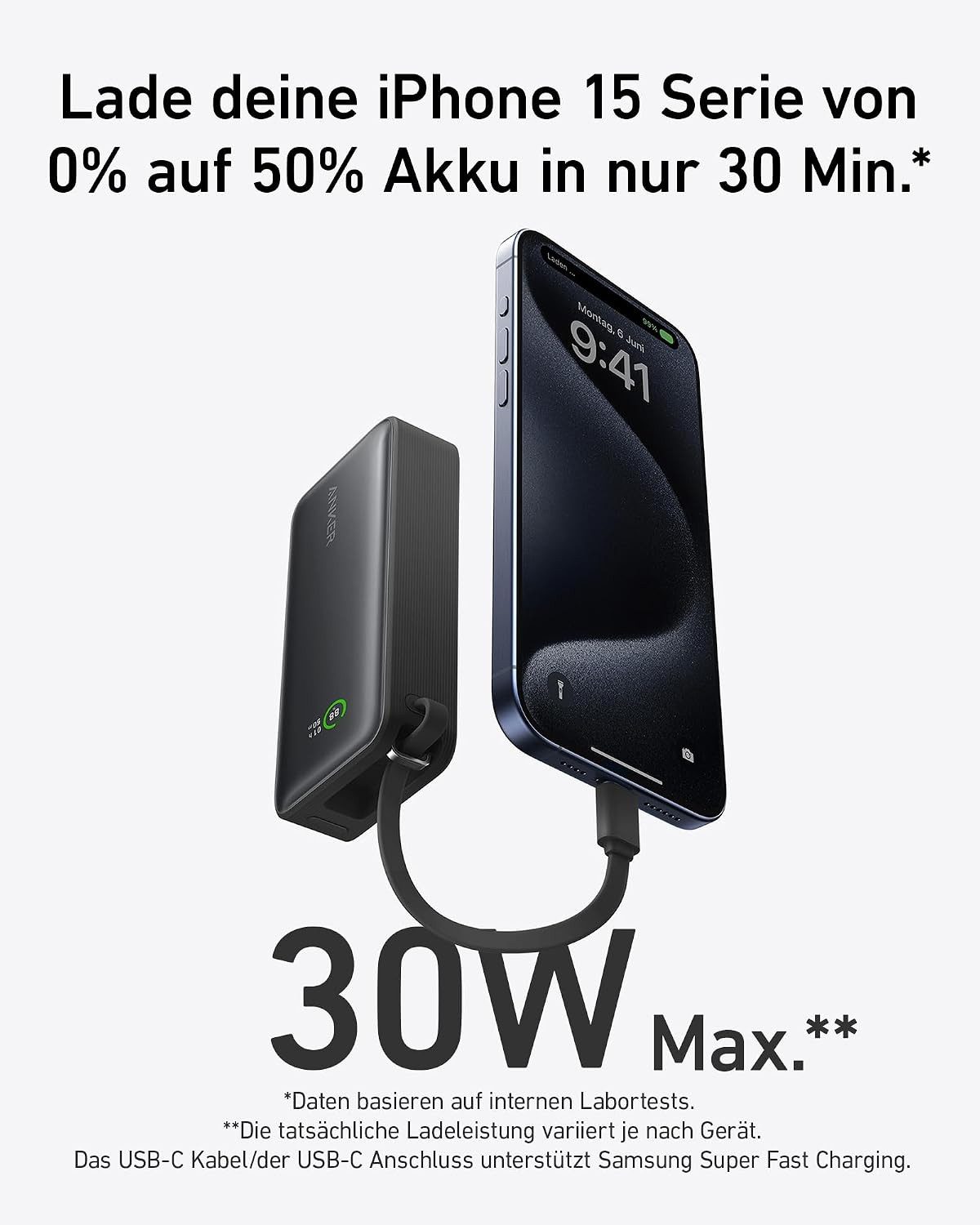 Anker Anker Nano Powerbank, 10.000mAh mit integriertem USB-C Kabel, Powerbank PD 30W Höchstleistung mit 1xUSB-C, 1xUSB-A 10000 mAh (5 V), Für iPhone 17/16/15/14, MacBook, Galaxy, iPad, AirPods und mehr