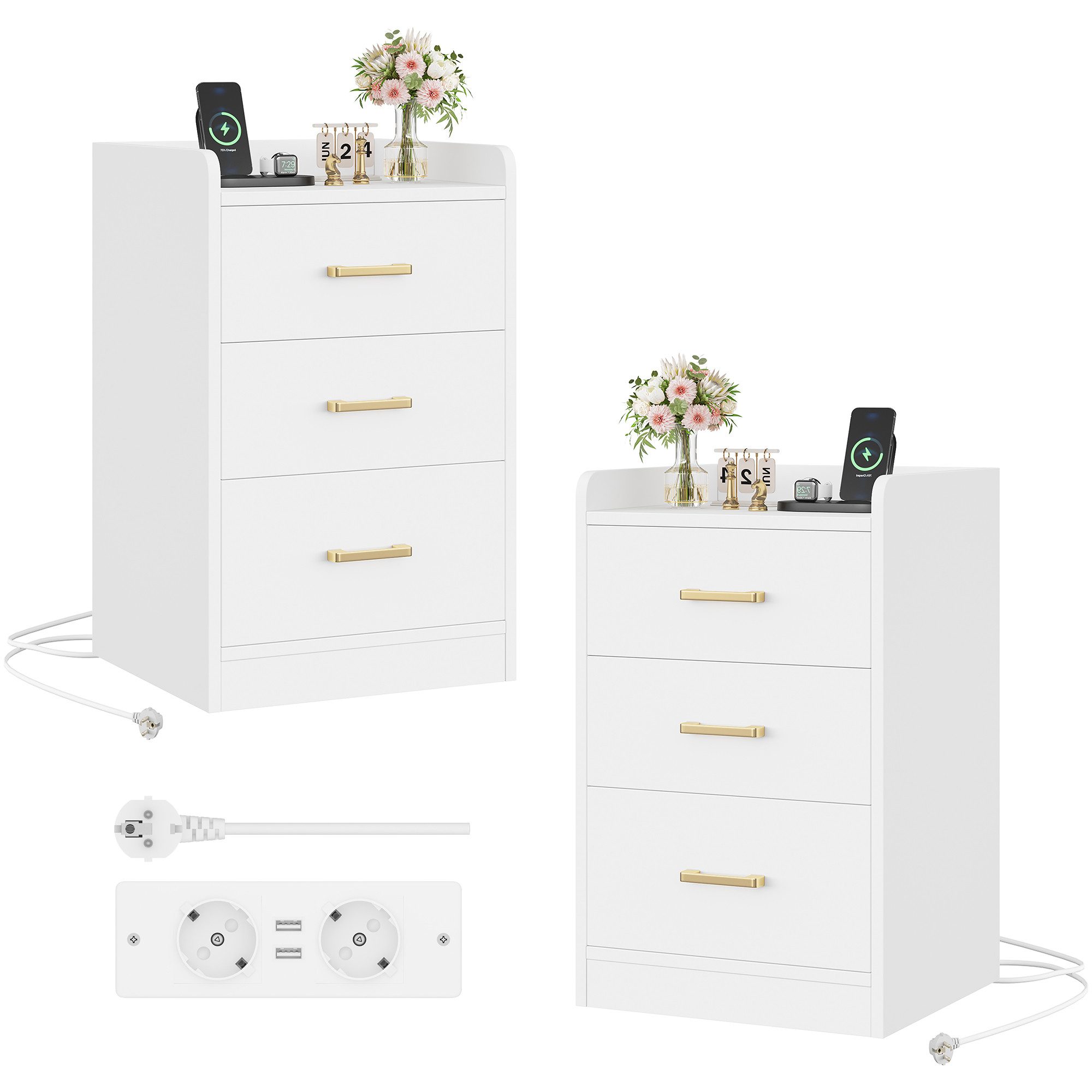 Homfa Nachttisch Nachtschrank mit Ladefunktion (2-St), 3 Schubladen, 2 AC-Steckdosen, 2 USB-Anschlüsse, 40x38x66cm