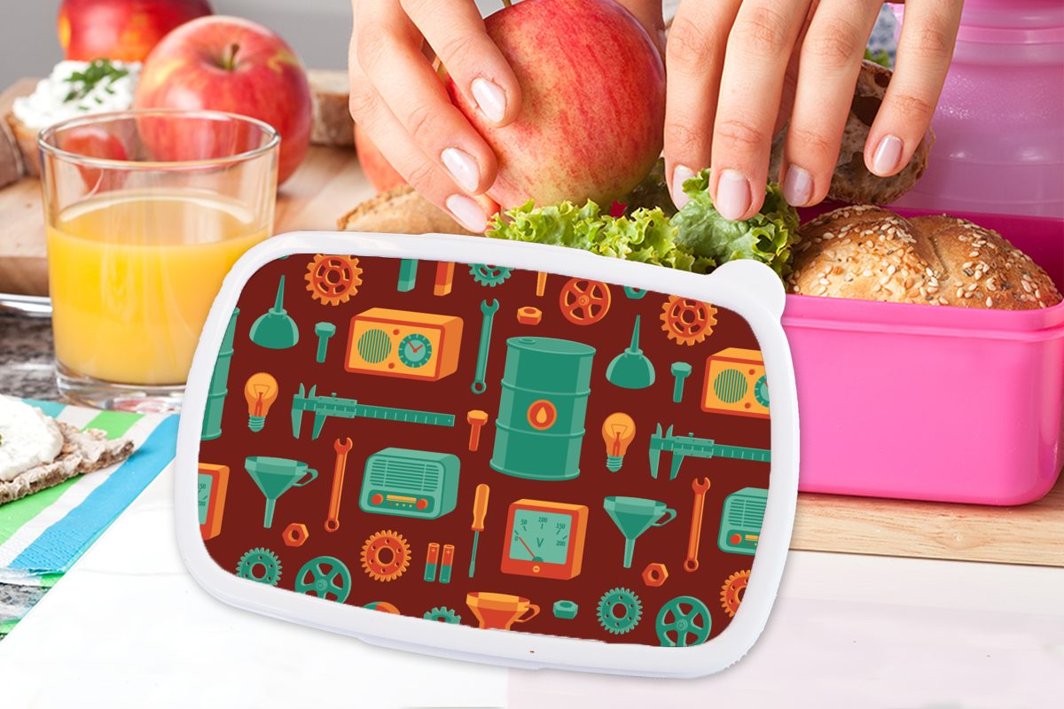 MuchoWow Lunchbox Muster - Retro Kunststoff, Werkzeuge, rosa Brotdose Brotbox Erwachsene, Kunststoff Snackbox, Mädchen, Kinder, - für (2-tlg)