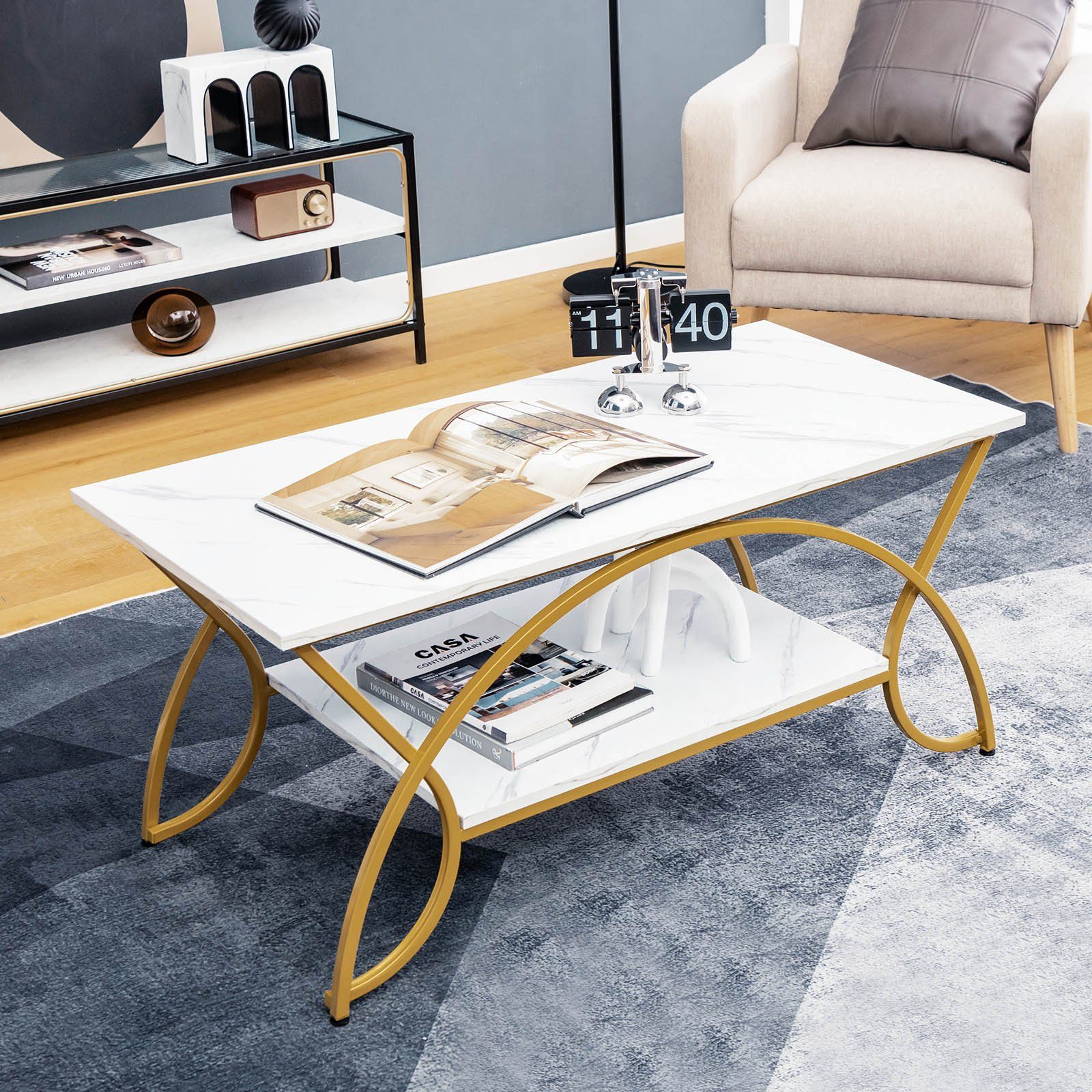 COSTWAY Couchtisch Marmor, mit Ablage & goldenem Metallbeinen, 100x50x45cm günstig online kaufen