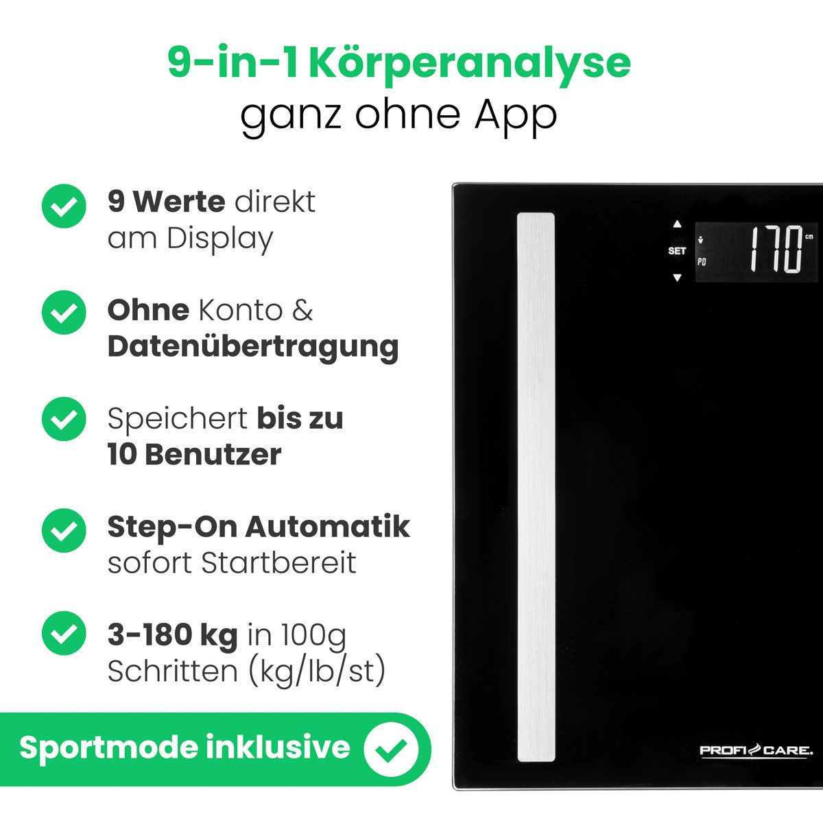 ProfiCare Personenwaage PC-PW 3149 FA, Personenwaage, 9in1 Funktion, Sicherheitsglas