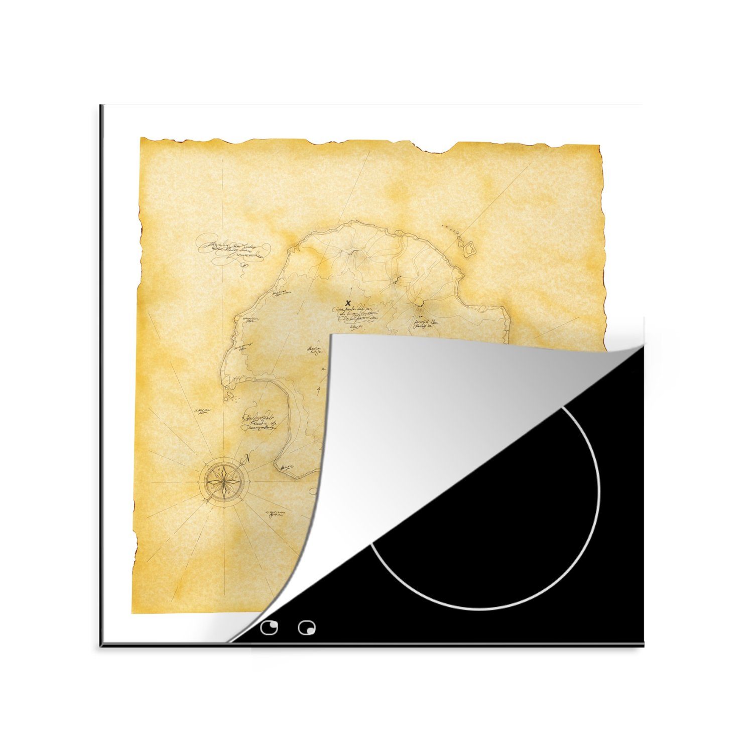 MuchoWow Herdblende-/Abdeckplatte Eine goldene Schatzkarte auf weißem Hintergrund, Vinyl, (1 tlg), 78x78 cm, Ceranfeldabdeckung, Arbeitsplatte für küche