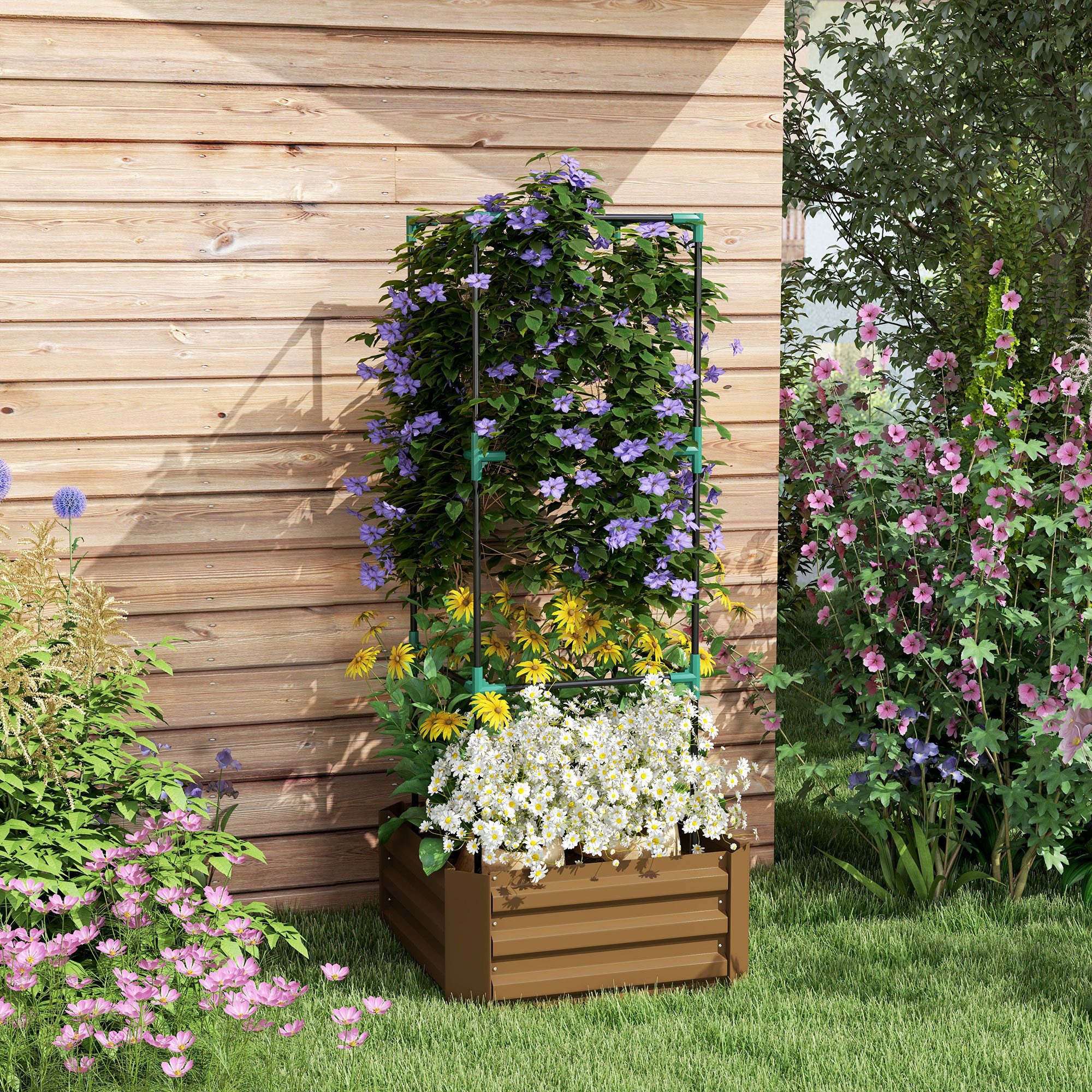 Outsunny Hochbeet mit Rankhilfe, Offenem Boden (Gemüsebeet, 15 St., Blumenkasten), Braun, 61 x 61 x 140 cm