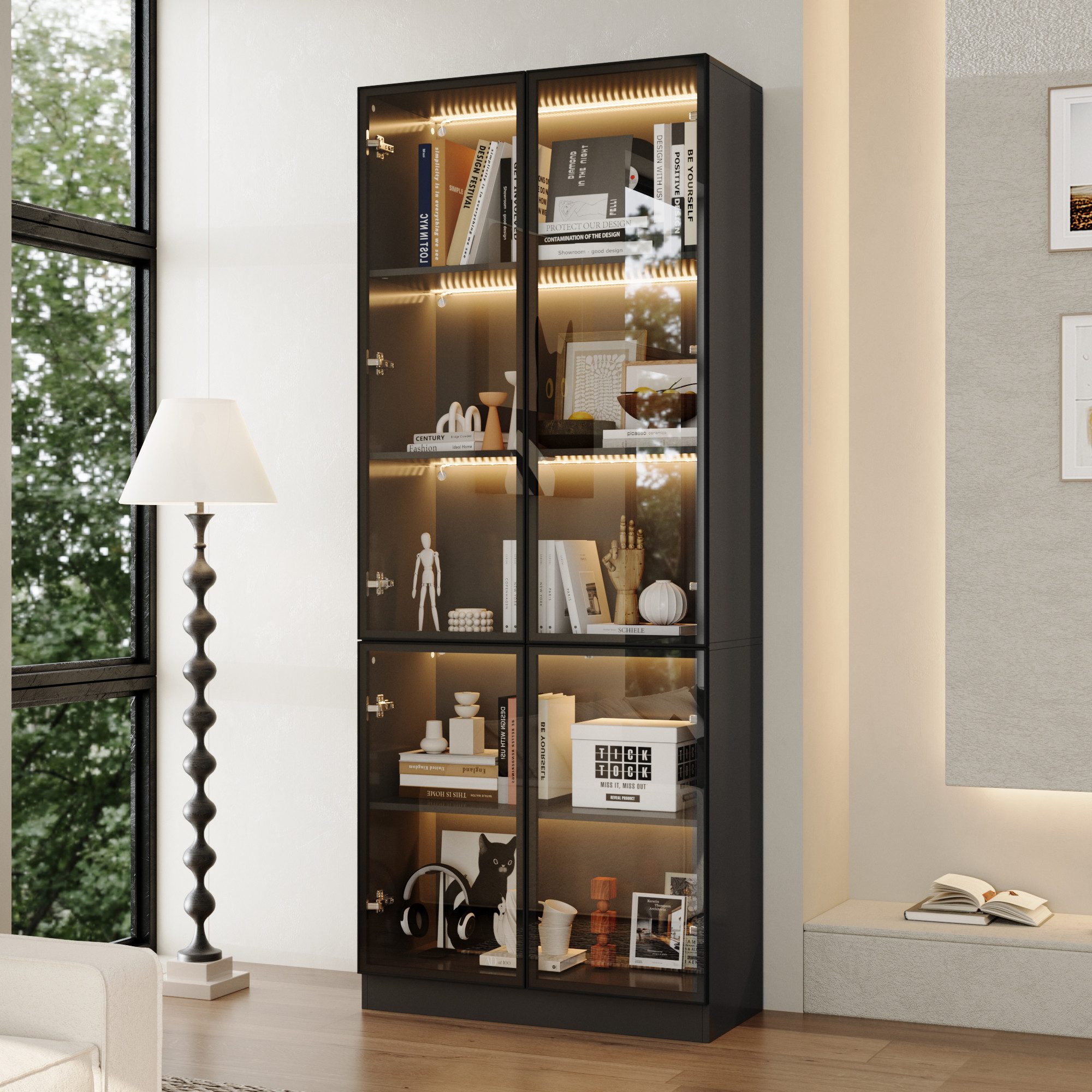 FUFU&GAGA Glasvitrine Sammelvitrine 165-200cm hoch, Vitrinenschrank mit LED Beleuchtung