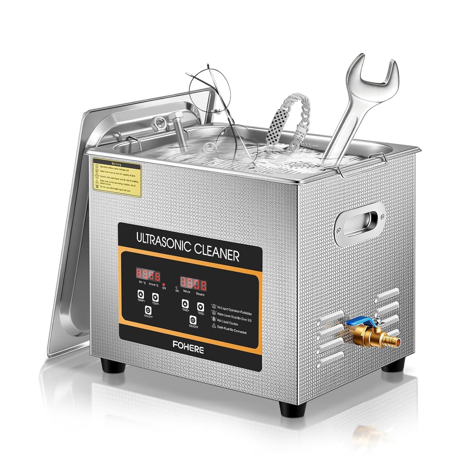 FOHERE Ultraschallreiniger Digitaler Ultraschallreiniger 10L, Mit Heizungstimer, 304 Edelstahl