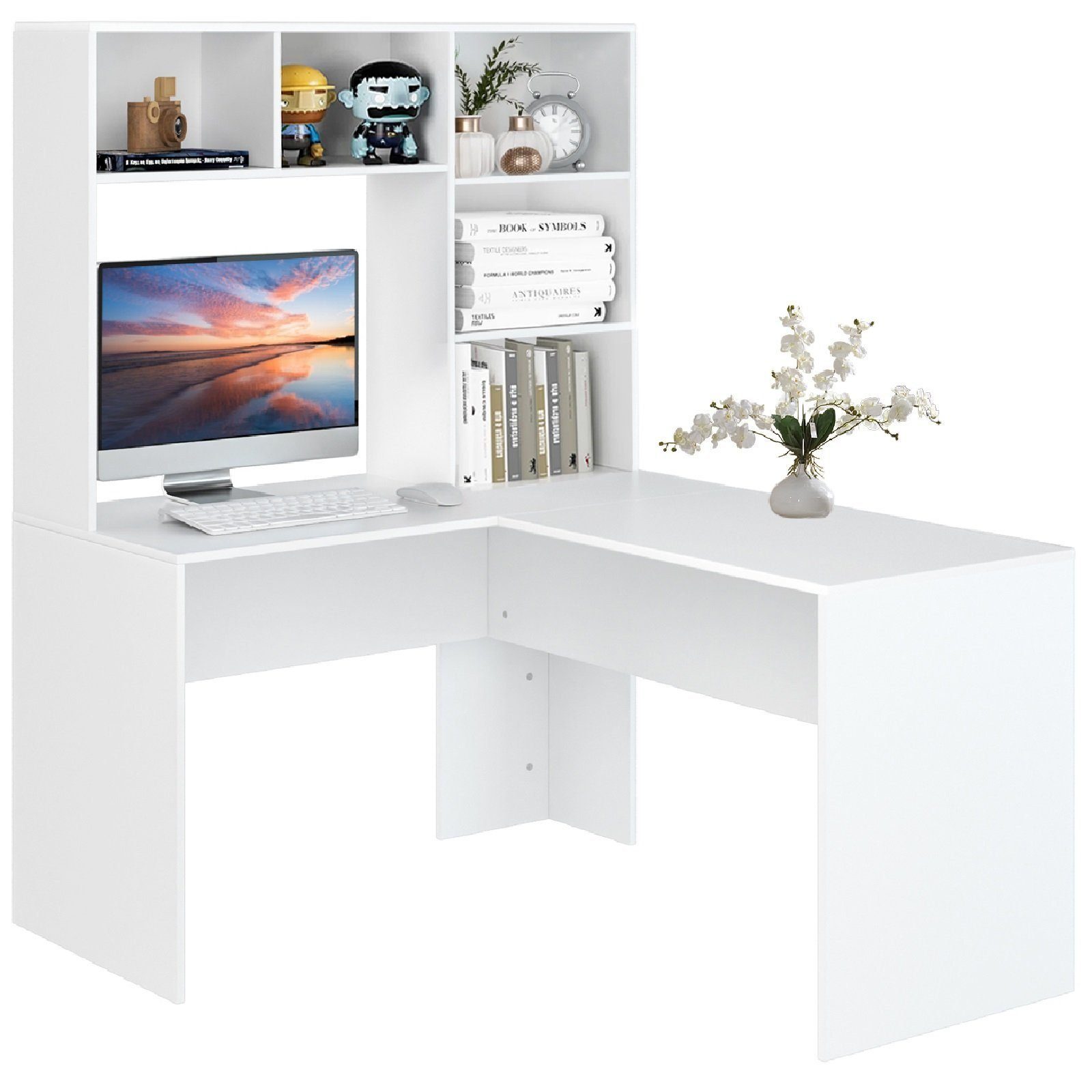 Homfa Schreibtisch, Eckschreibtisch L-förmig, Computertisch Bürotisch weiß 152cm