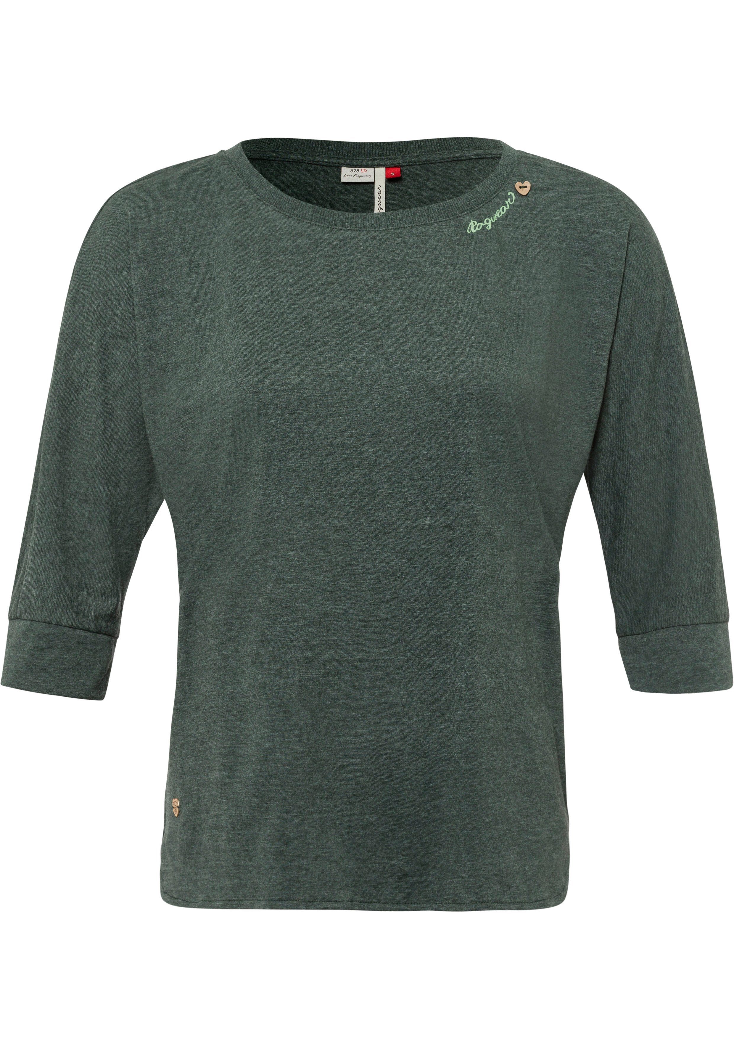 mit Herz-Design im dark Ragwear SHIMONA green Zierknopfbesatz T-Shirt in Holzoptik natürlicher