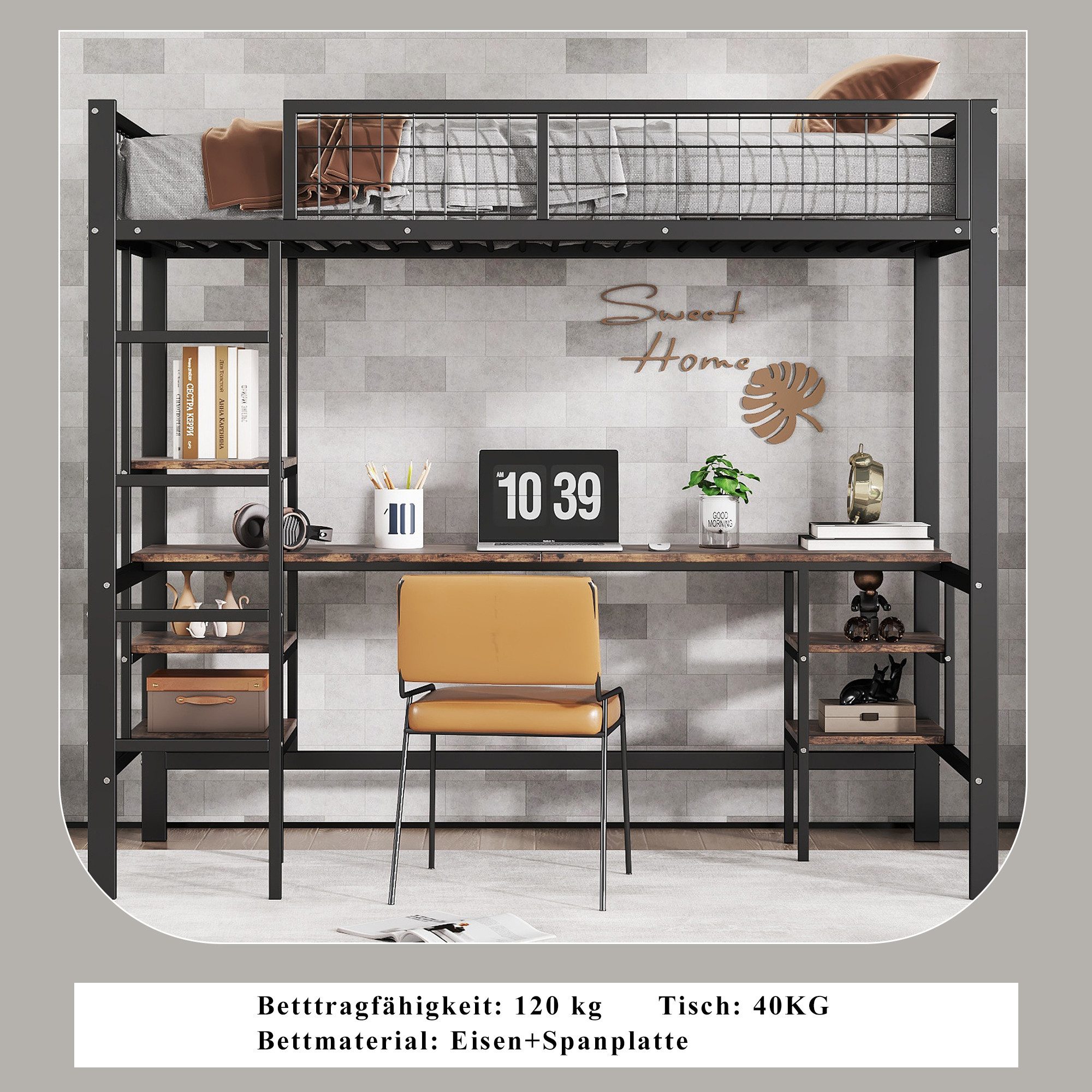 Merax Hochbett (1-St) Eisen Etagenbett 90x200cm mit Schreibtisch, Regal & 4-stufige Leiter – Bild 5 von 5