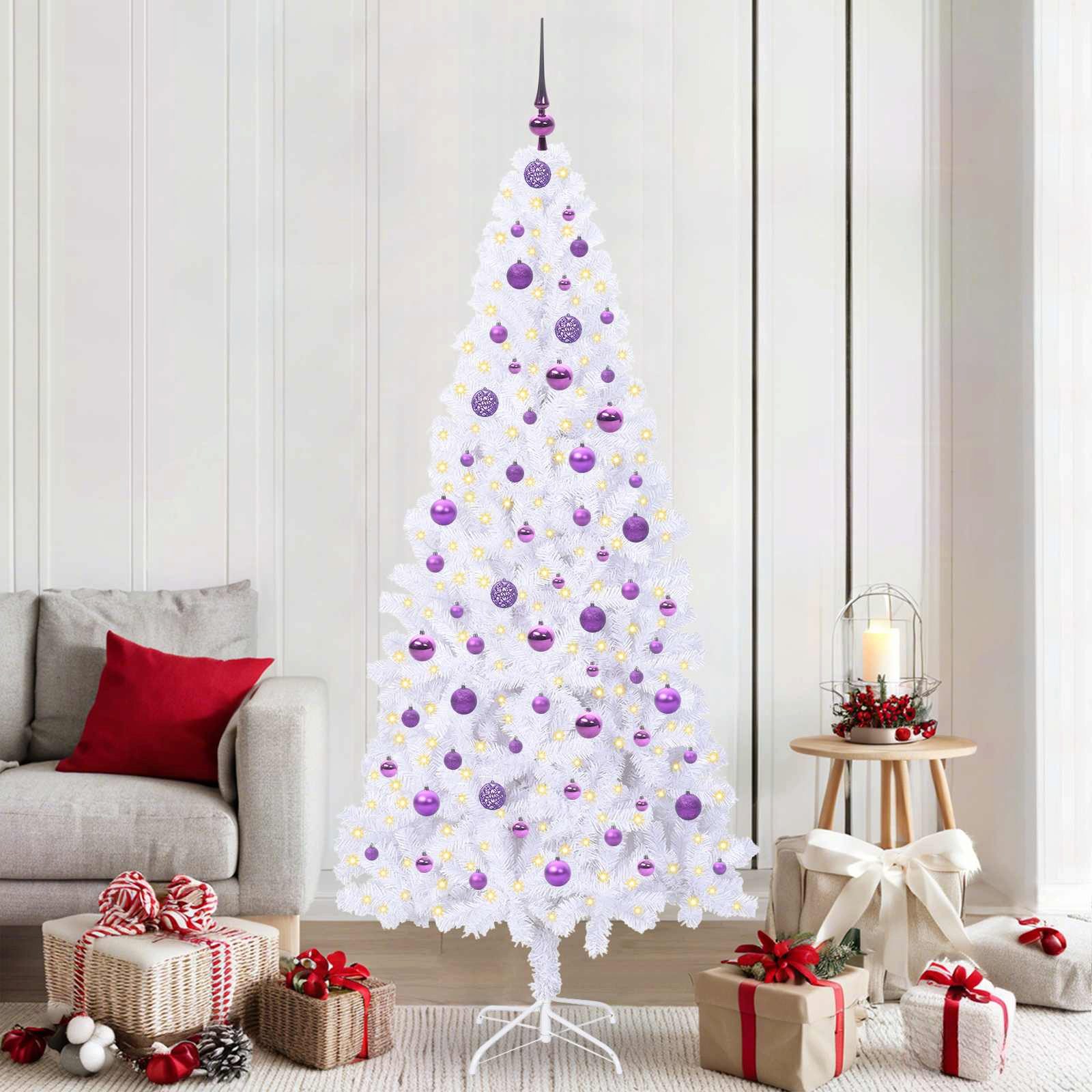 furnicato Künstlicher Weihnachtsbaum 210 cm Weiß mit LED-Lichterkette, Tannenbaum mit 8 Blinkmodi, USB-Stromversorgung und stabilem Ständer