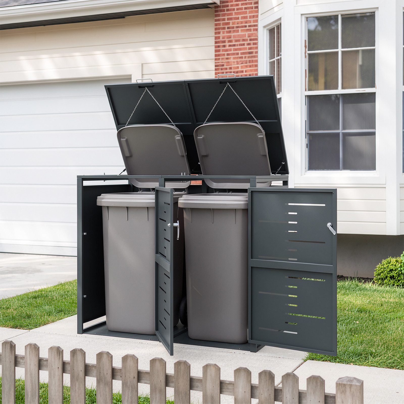 SoBuy Mülltonnenbox OGS64, 2er Set 240l, Metallverkleidung abschließbar (2er Set), Robuste Stahlkonstruktion mit Gasdruckfedern und Kettensicherung