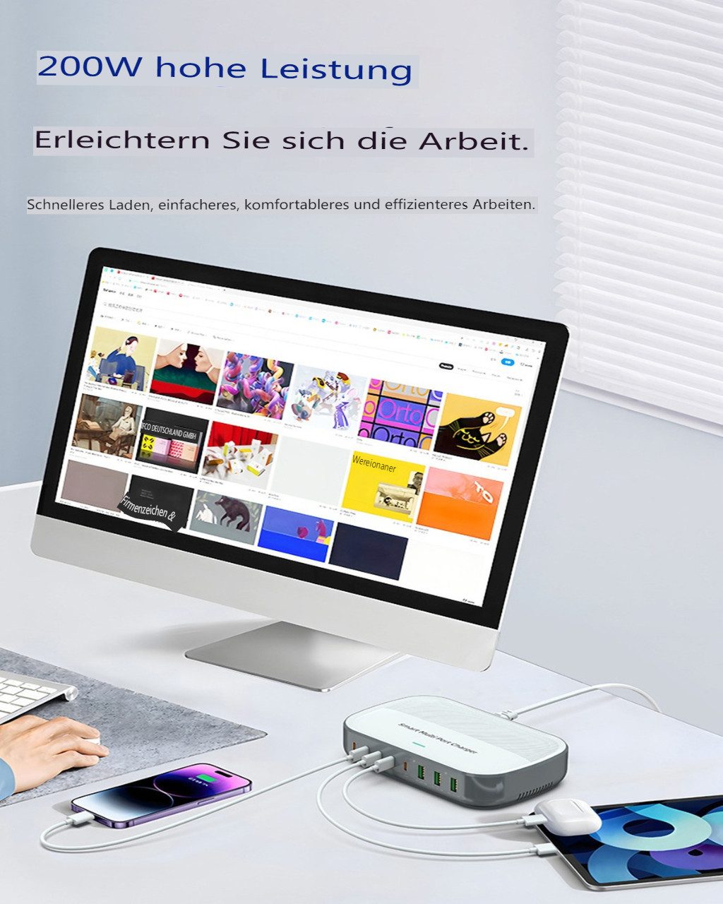 Insma Laptop-Dockingstation Desktop Ladestation, (200W USB-Ladegerät mit 8 Ports, 3×USB-A + 5×USB-C, PD3.0 QC3.0), Schnelllade-Station kompatibel mit Smartphones