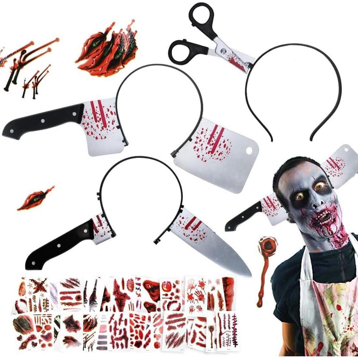 LuxusKollektion Haarreif Horror Halloween Haarreifen Set mit Tattoo Aufkleber, 3-teilig