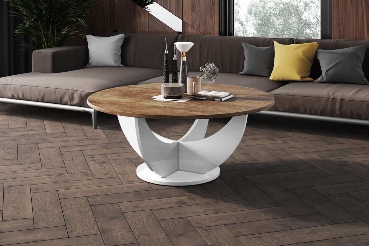 designimpex Couchtisch Design HRC-111 Hochglanz Wohnzimmertisch Rund Tisch ?100 cm x 40 cm Rostoptik matt - Weiß Hochglanz