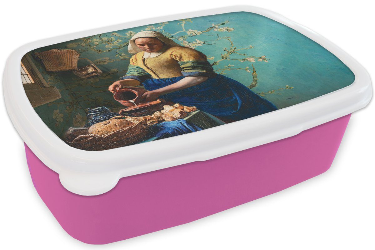 Kunststoff Milchmädchen Gemälde Lunchbox Van Alte, Snackbox, Vermeer Erwachsene, MuchoWow Mädchen, - (2-tlg), - Mandelblüte - Brotdose Kunststoff, Kinder, - für Gogh Brotbox rosa -