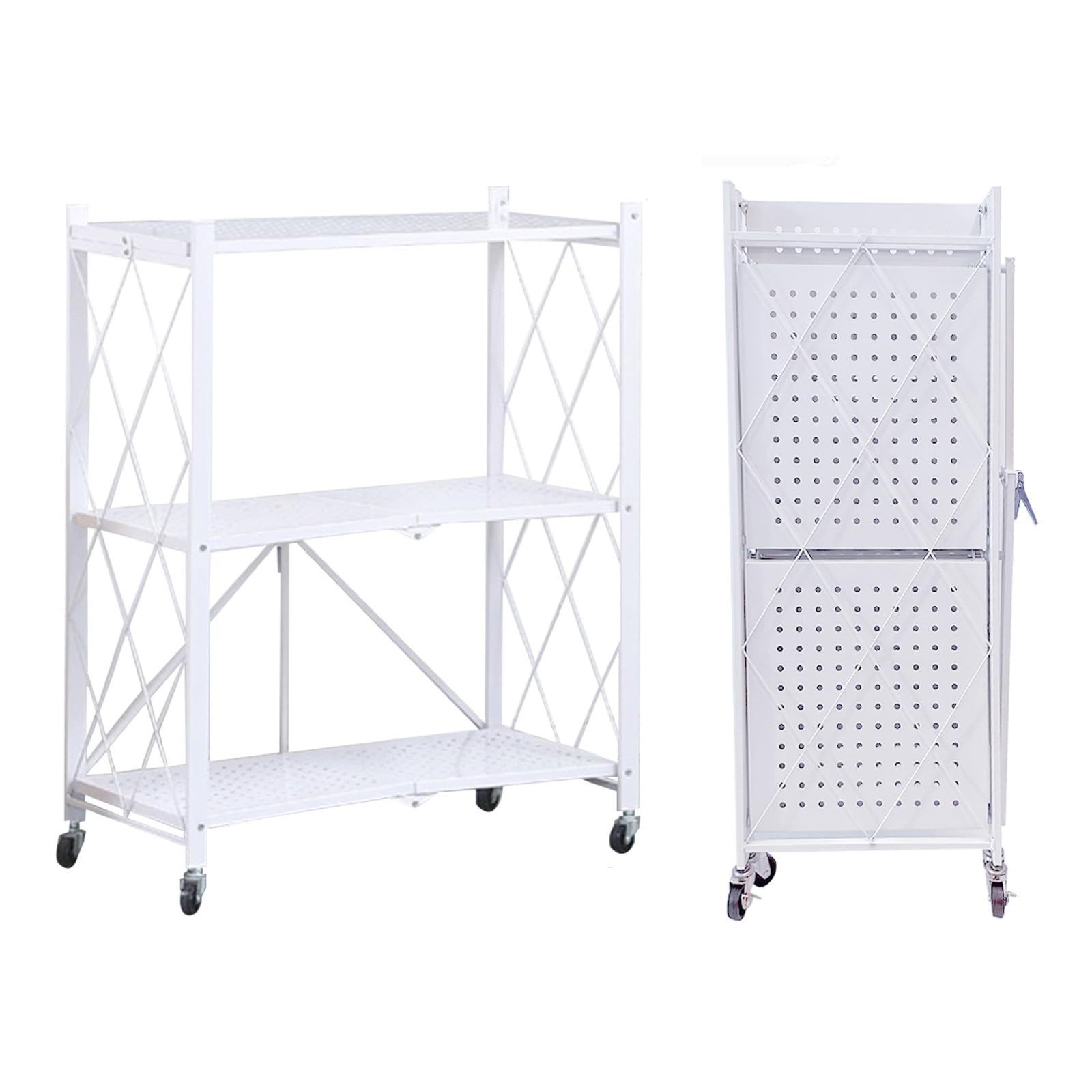 BlingBin Standregal Dreistufiges Regal mit Rollen, Schwerlastregal Mehrzweckregal, Küchenregal / Mikrowellenständer 1-tlg., 360°-Rollen, klappbar Standregal Organizer mit feststellbaren Rollen