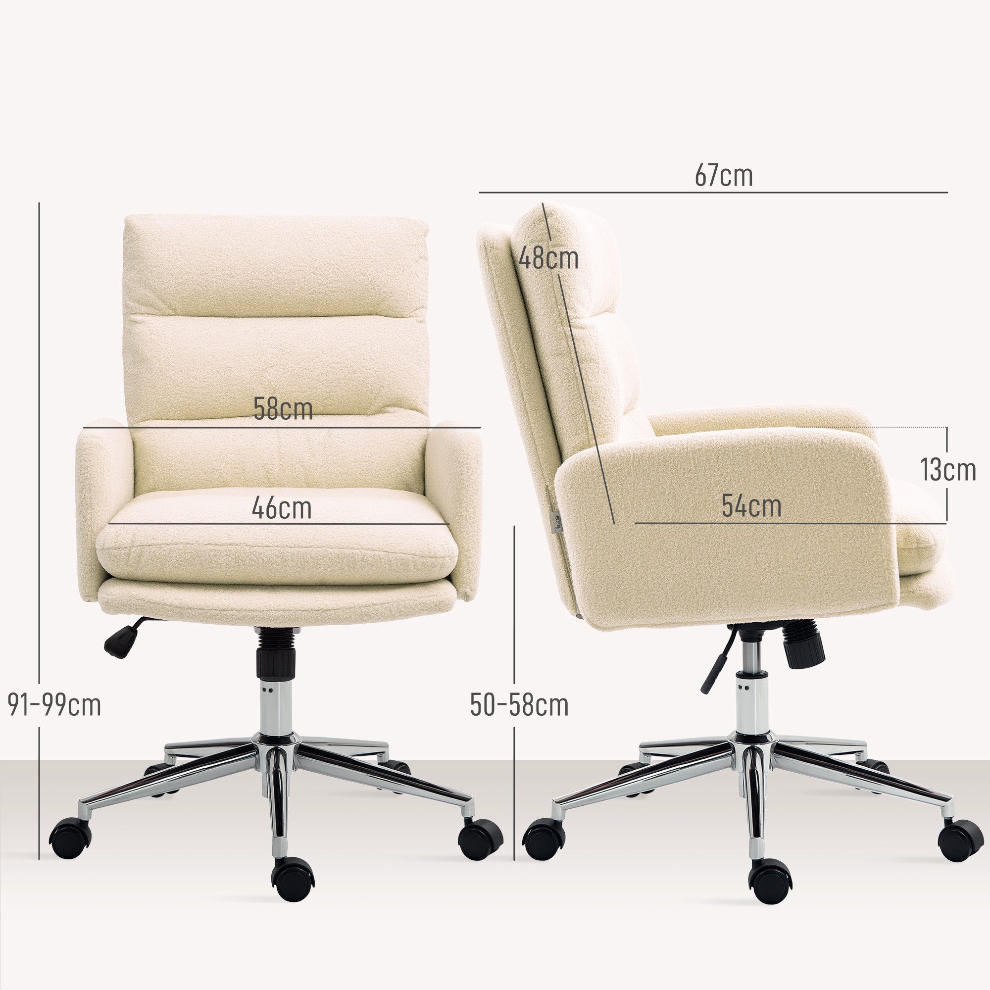 HOMCOM Bürostuhl Ergonomischer Schreibtischstuhl mit Armlehne, Bouclé-Optik (Gepolstert Home-Office-Stuhl, 1 St), Höhenverstellbarer Drehstuhl mit Wippfunktion Cremeweiß