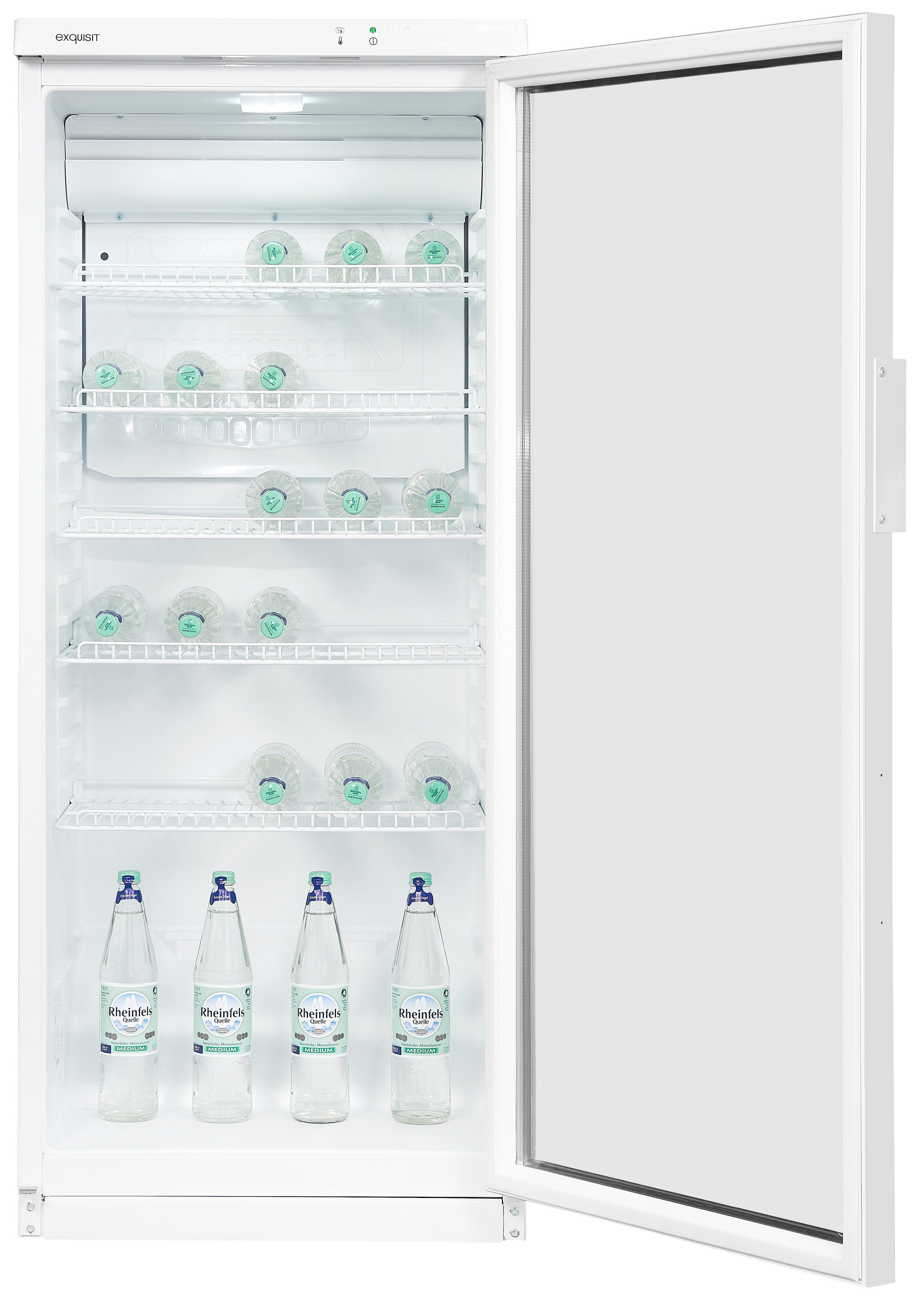 exquisit Getränkekühlschrank GKS290-GT-280E weiss, 145 cm hoch, 60 cm breit, Glänzendes Design: Getränke immer sichtbar dank Panorama-Glasfront
